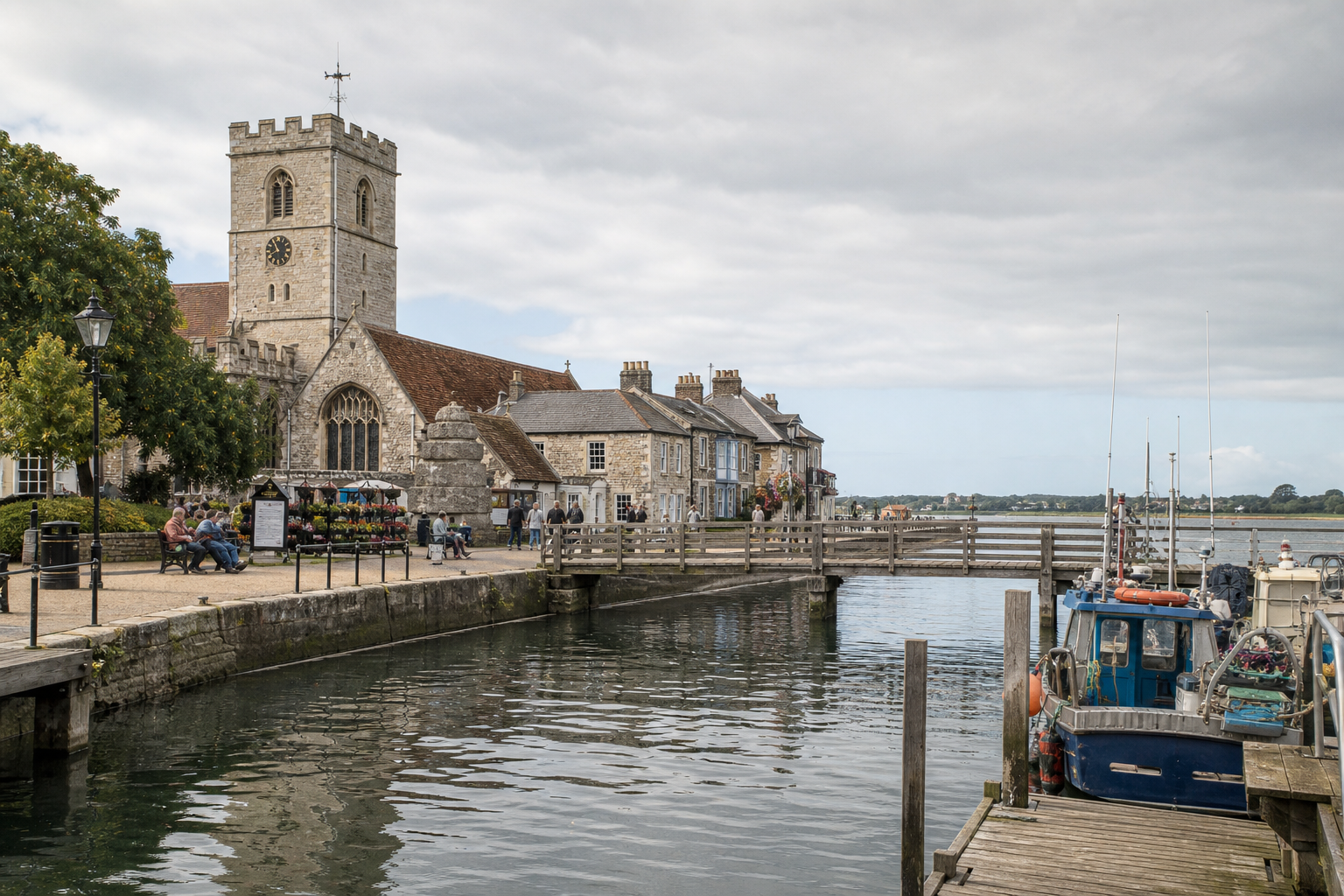 Quaint waterfront village with stone church, colorful docked boats, and historic homes.
