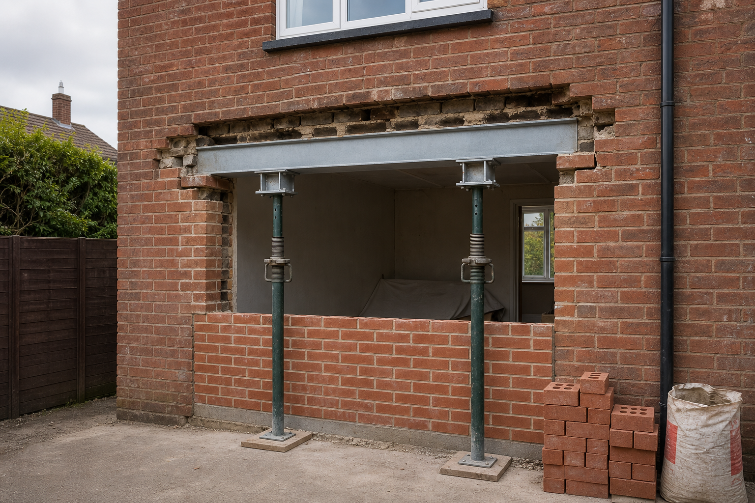 House under renovation with brickwork removed for a new opening, supported by metal props and a stack of bricks nearby.