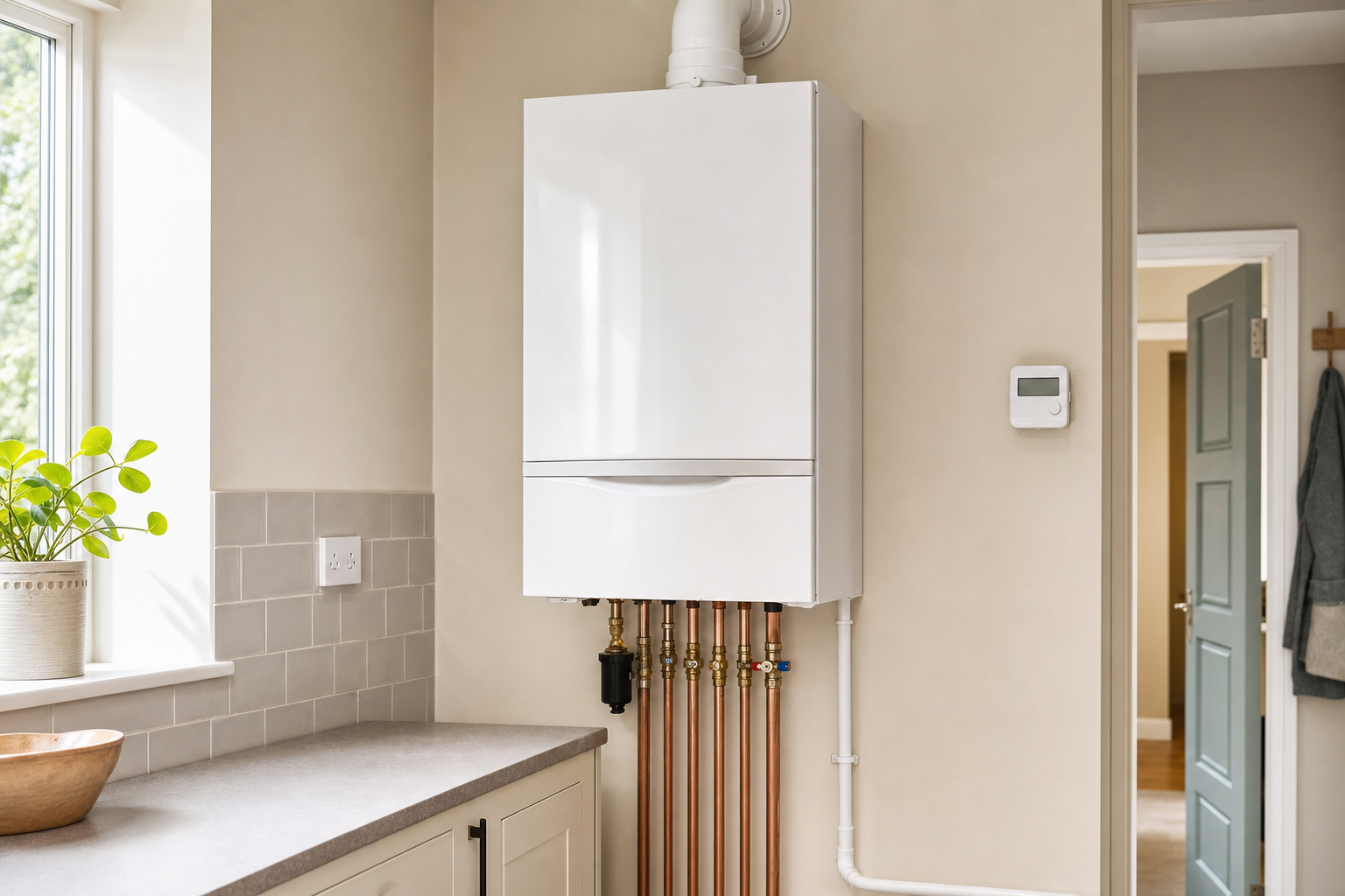 A white wall-mounted boiler with visible copper pipes in a modern kitchen.