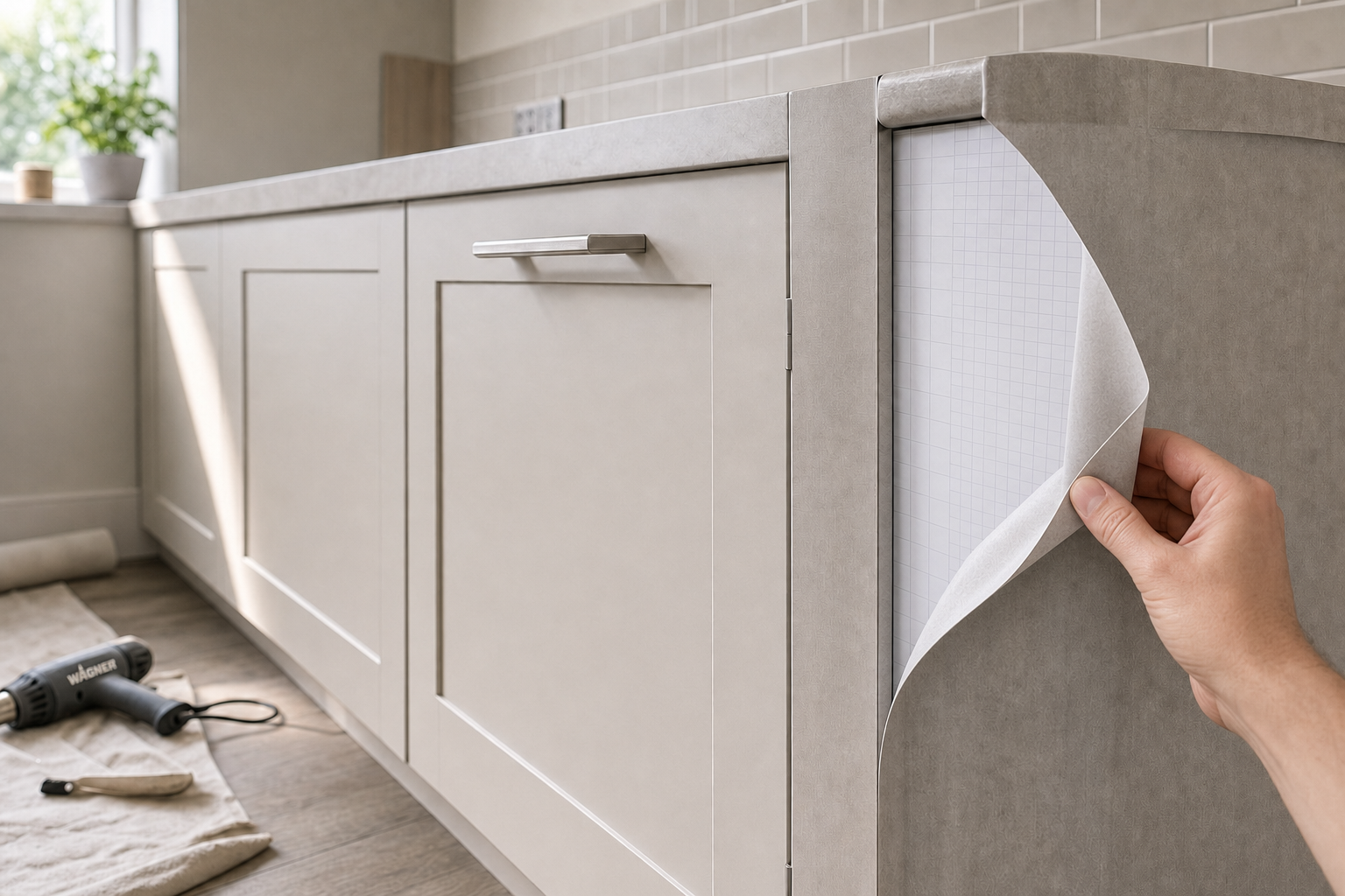 A hand applying adhesive film to cabinet doors in a kitchen under renovation, with tools scattered on the floor.
