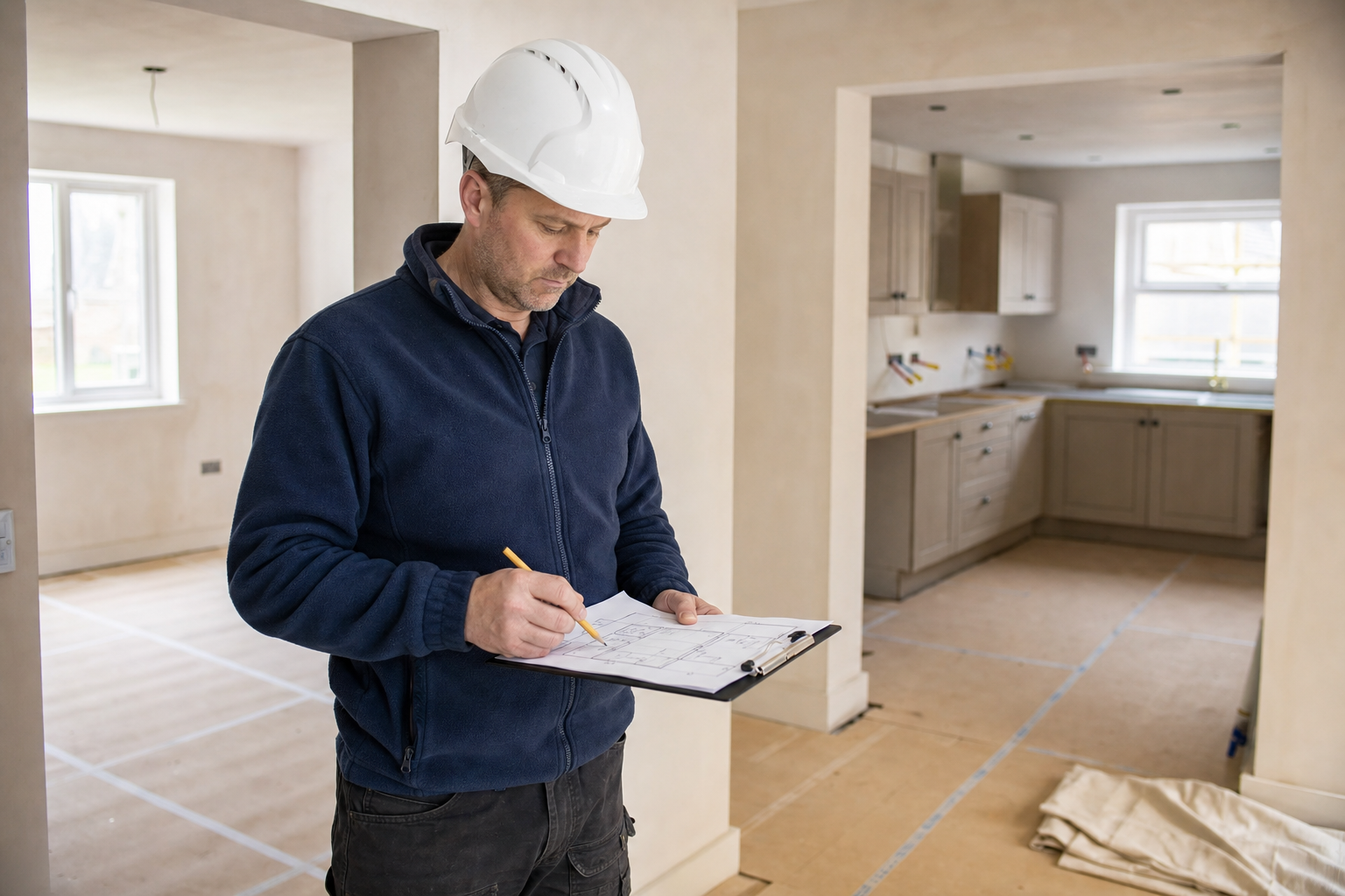 Construction worker in a hard hat reviewing plans on a clipboard in an unfinished kitchen.