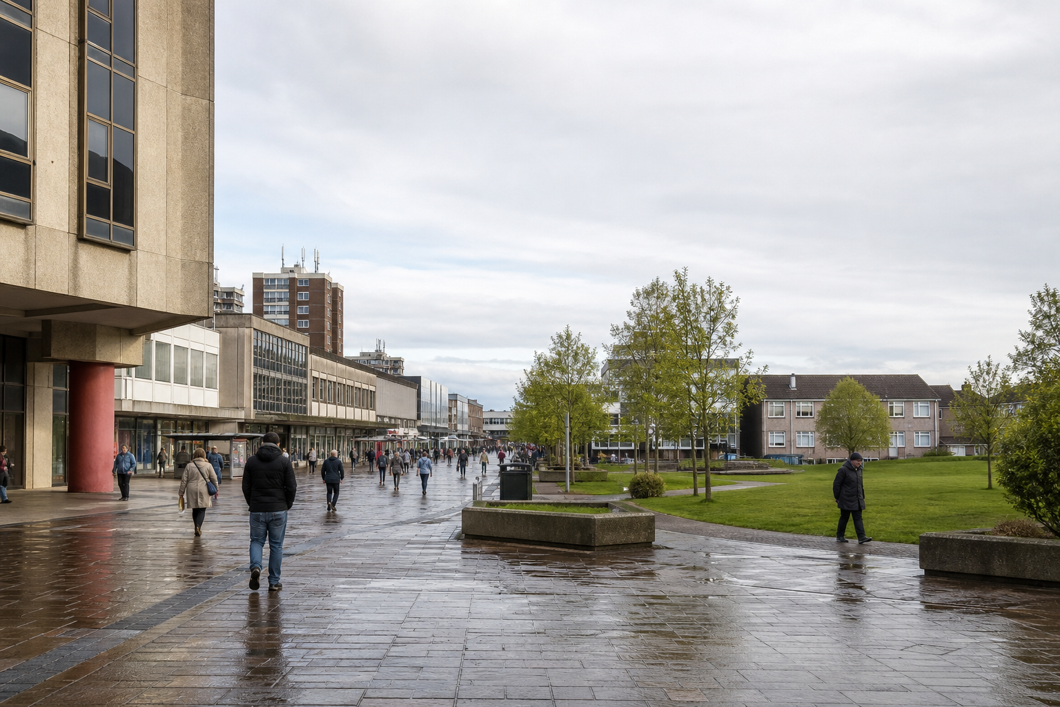 People walking on a wet city street with buildings and trees in the background.