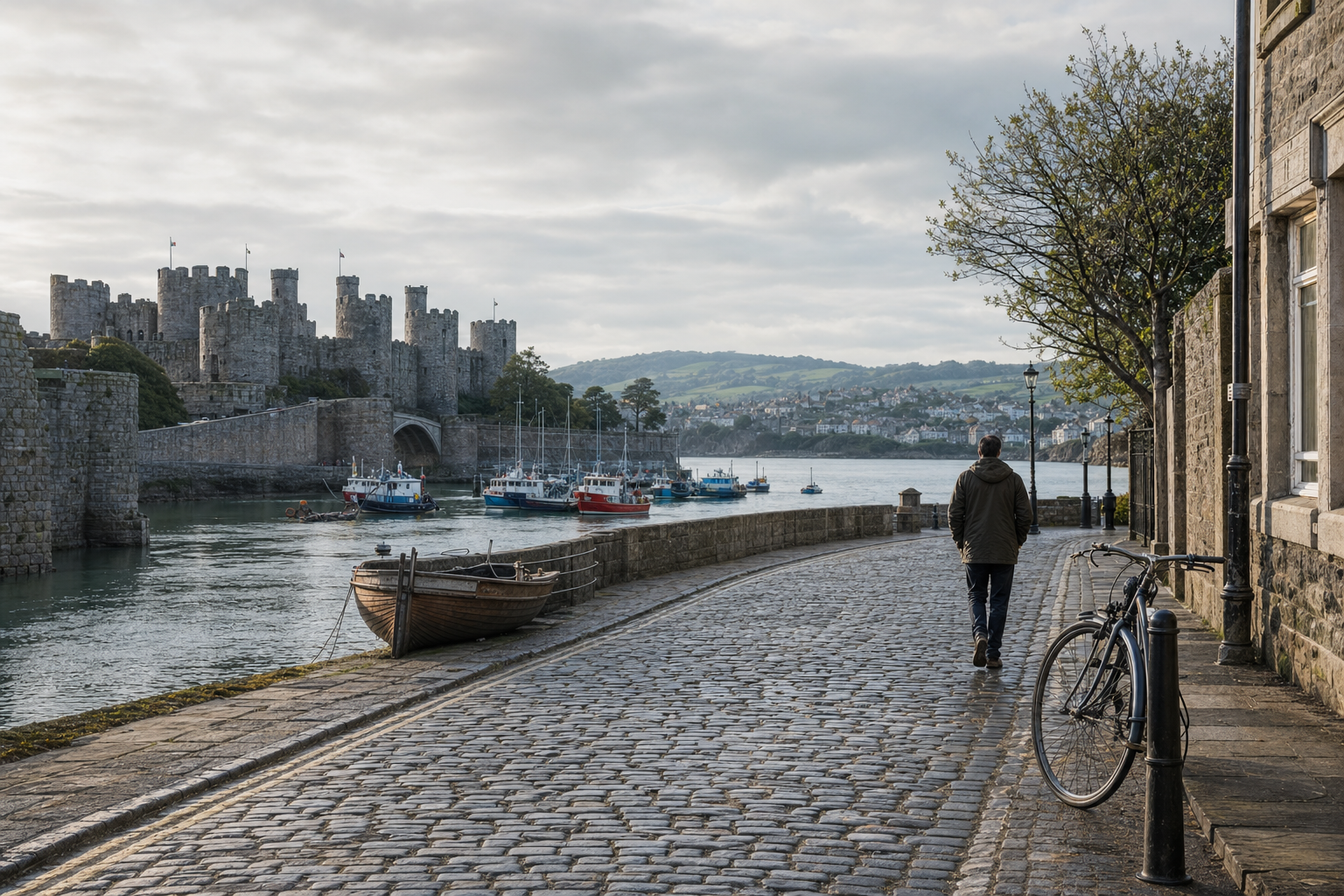 A person walks along a cobbled path by the water, with a historic castle in the background and boats docked nearby.