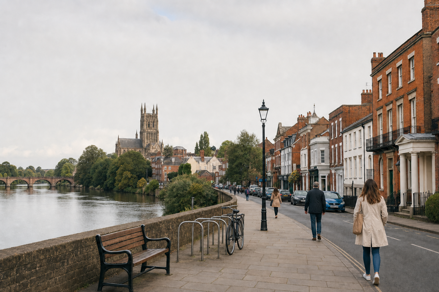 Riverbank walkway with benches, a historic cathedral, and people strolling along a street lined with traditional brick buildings.