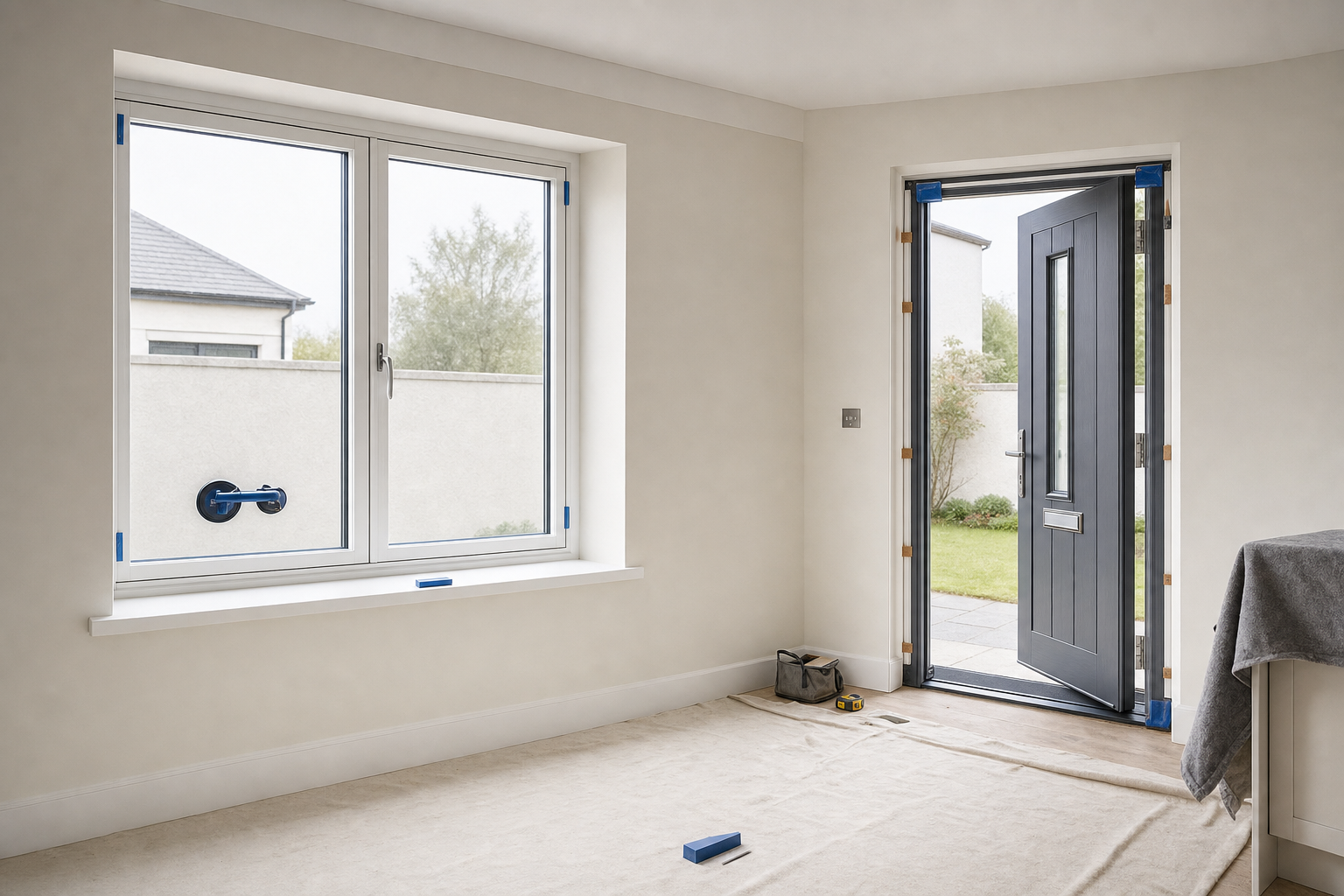 Newly installed window and door in a bright room, with tools and protective coverings on the floor.