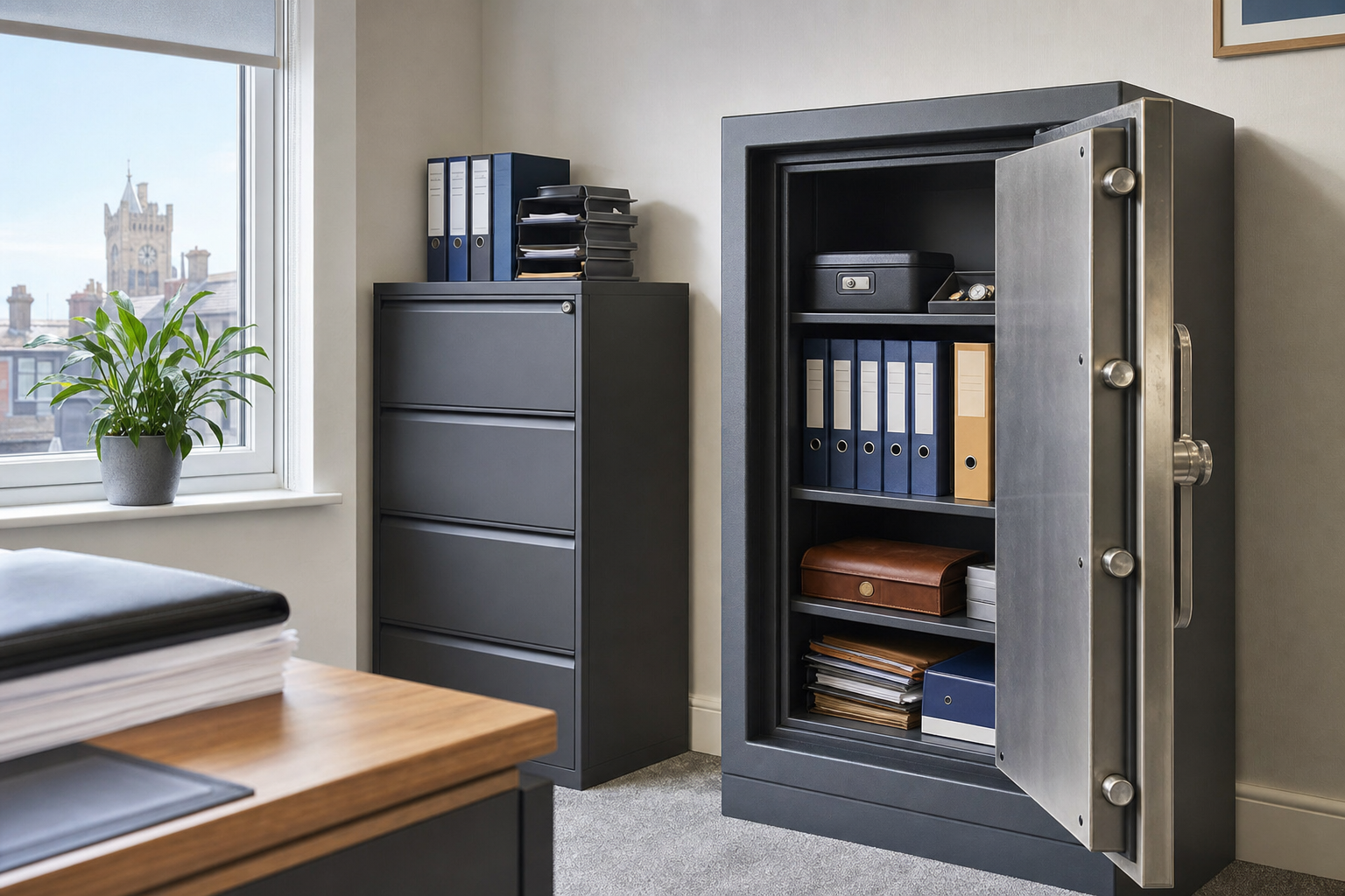 An open office safe containing files and documents, with a plant on the window ledge nearby.