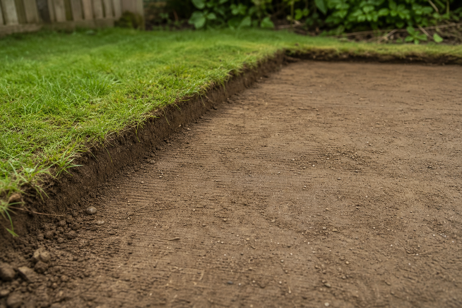 A garden area with freshly cut grass edges and levelled soil, ready for planting or further landscaping work.