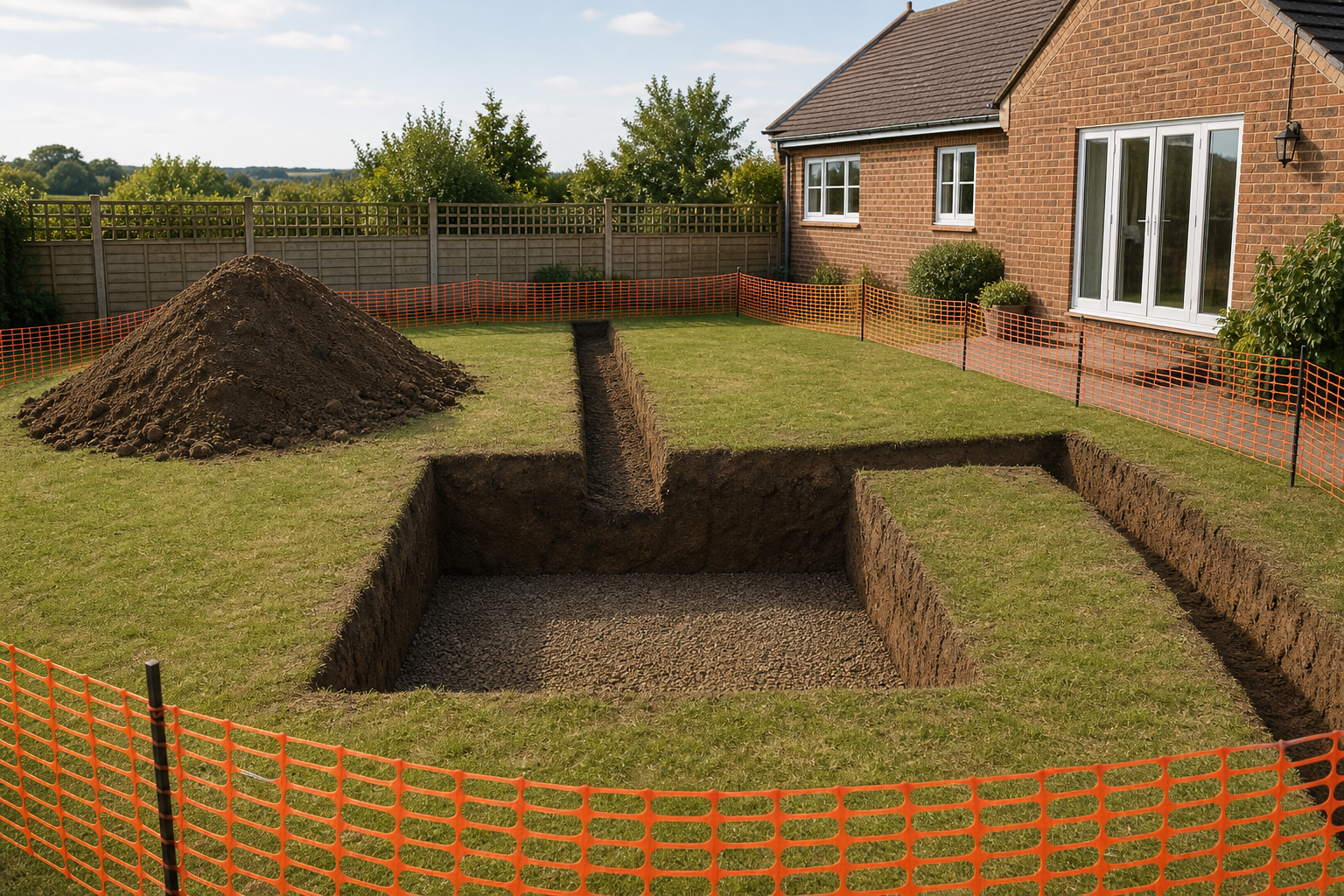 A garden is dug out and bordered by orange safety fencing with a pile of earth and a red-brick house nearby.