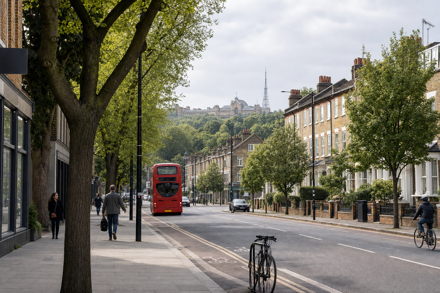 A red double-decker bus drives down a tree-lined street with Victorian houses and a distant view of Alexandra Palace.