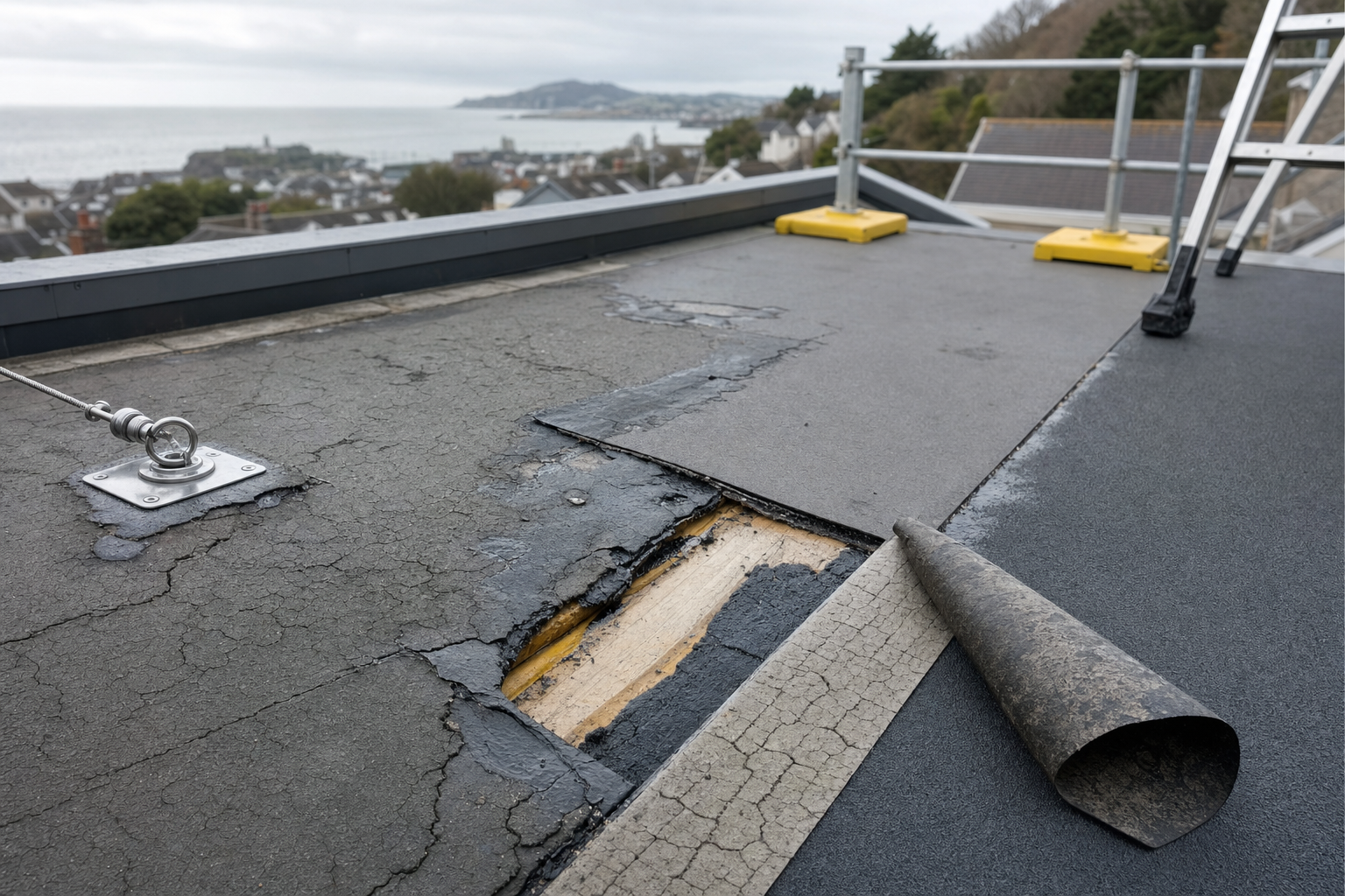 A damaged flat roof with peeling layers and a view of a coastal town in the background.