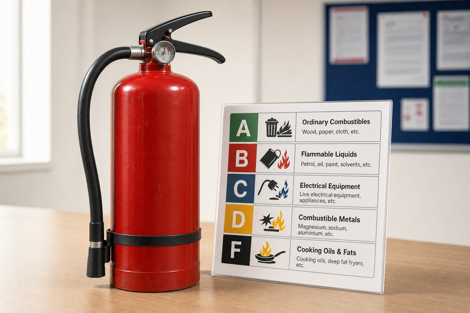 A red fire extinguisher beside a sign detailing fire classifications and suitable extinguishing methods on a wooden table.