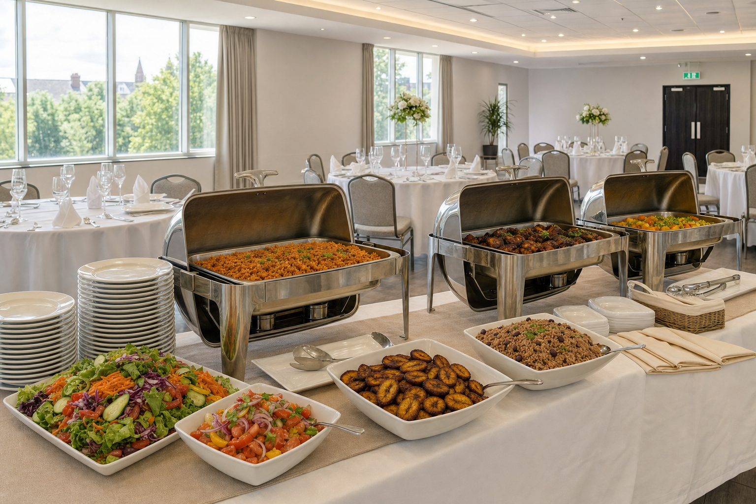 Elegantly set buffet table in a bright dining room with a variety of dishes and round tables in the background.