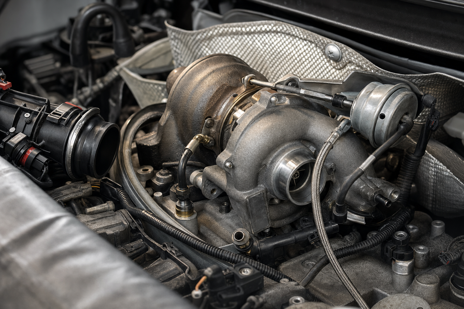 A close-up view of a car engine turbocharger with surrounding components and cables.