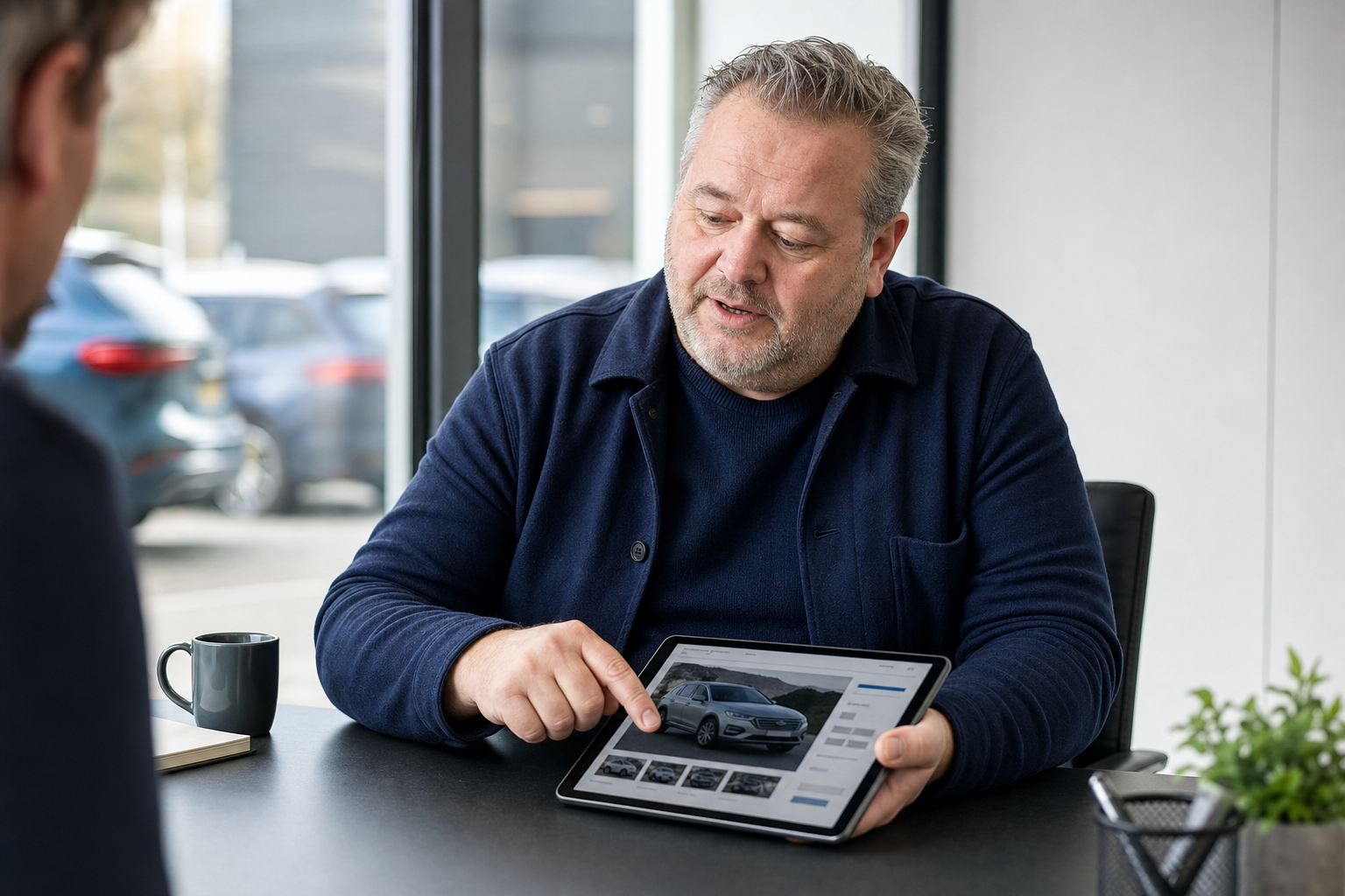 A man discusses a car displayed on a tablet while seated at a table indoors.