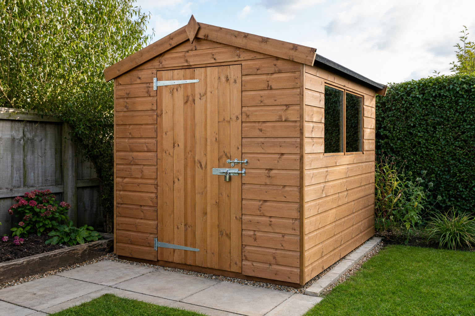 A wooden garden shed with a single door and window, surrounded by a green lawn and plants.