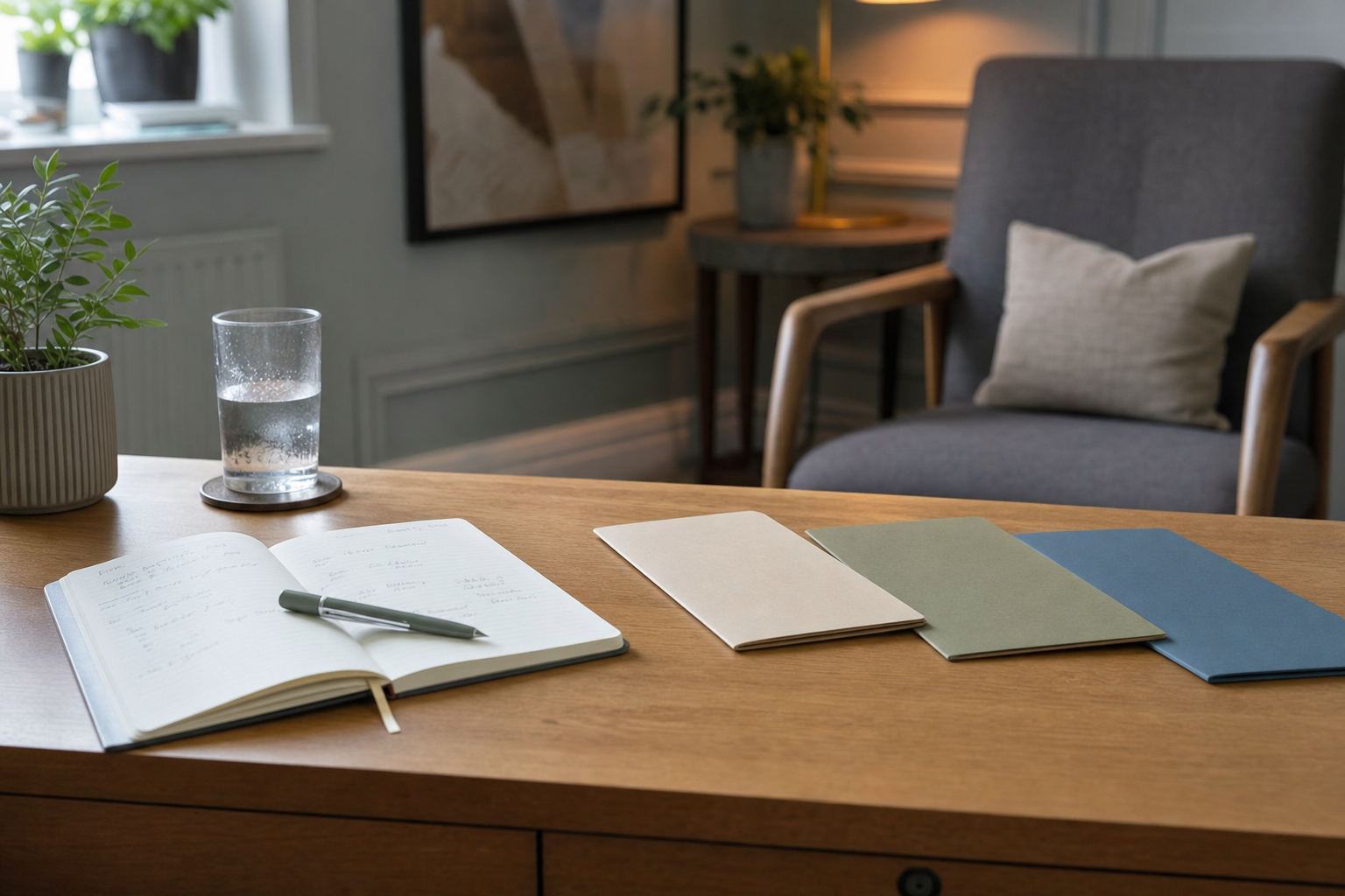 A tidy workspace featuring an open notebook, a pen, three coloured folders, and a glass of water on a wooden desk.
