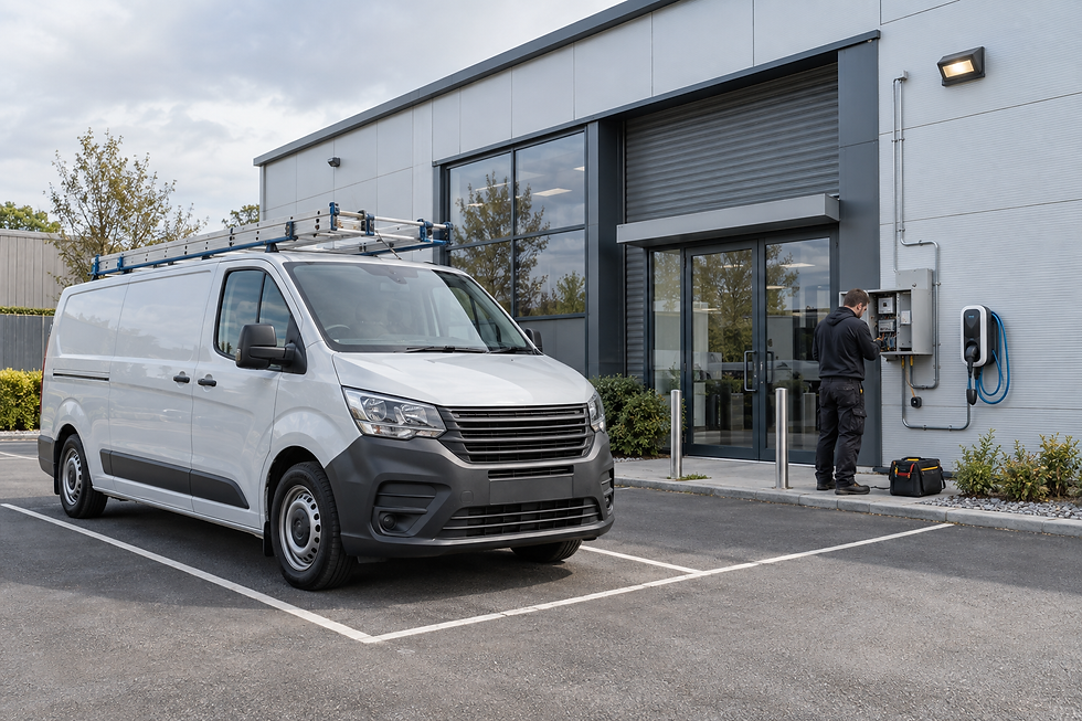 A white service van with a ladder parked outside a modern building while a worker checks an electrical box.