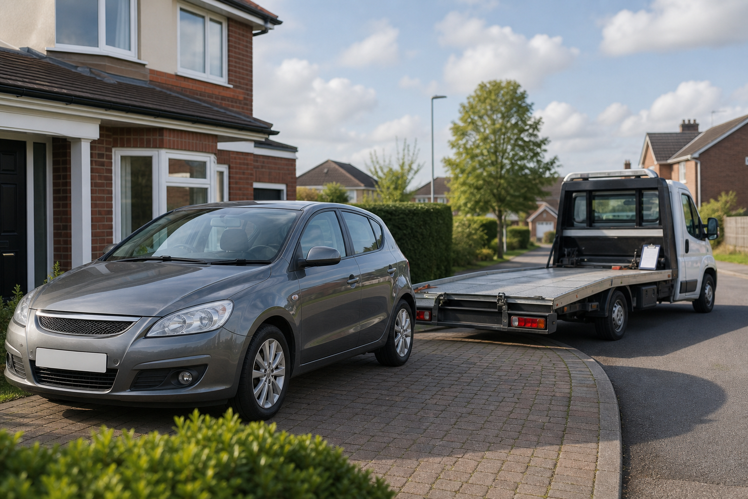 A gray car parked in a driveway next to a flatbed tow truck in a suburban neighborhood.