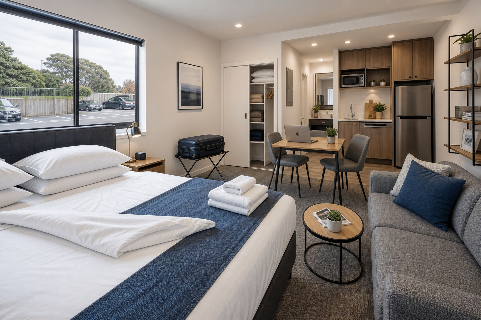 Modern studio flat with a bed, sitting area, dining table, and kitchenette, featuring neutral decor and natural light.
