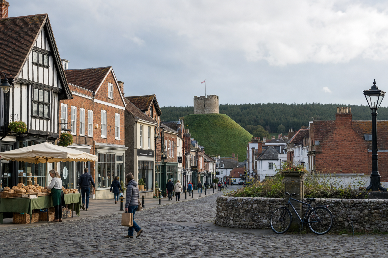 A bustling historic street with a market stall and a castle on a hill in the background.