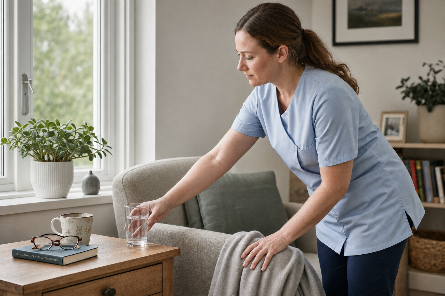 A caregiver in a blue uniform places a glass of water on a table beside an armchair in a cosy living room.
