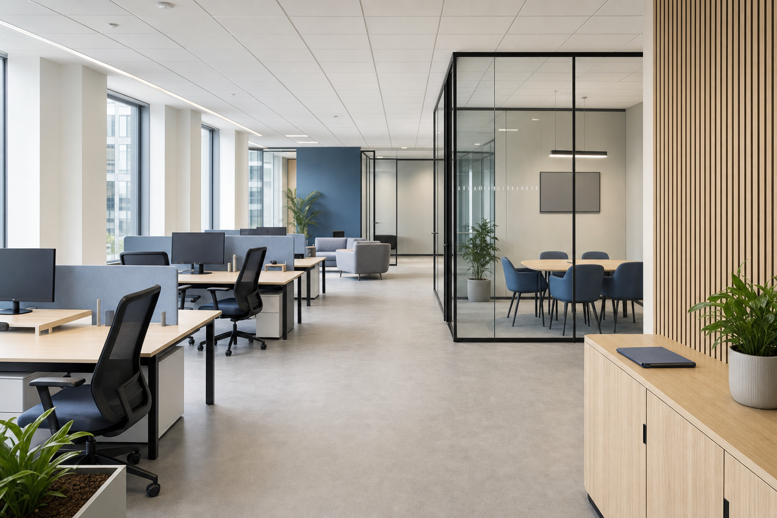 Modern office interior with open workstations, glass-walled meeting room, and plants enhancing the space.