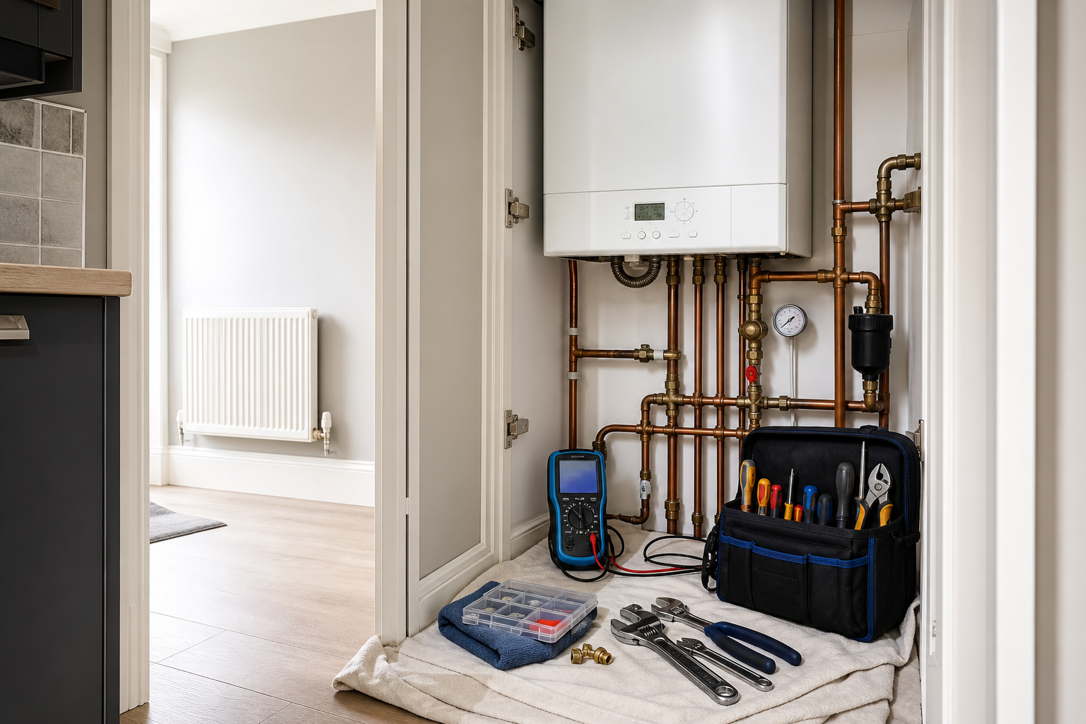 Gas boiler system with copper pipes, tools, and tool bag in a utility cupboard.