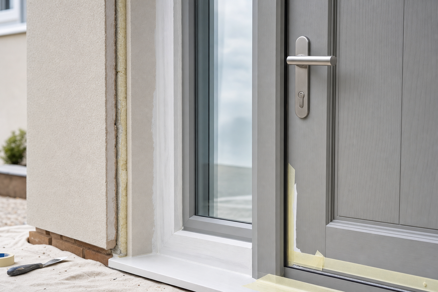 Close-up of a grey front door with masking tape applied around its edges on a construction site.