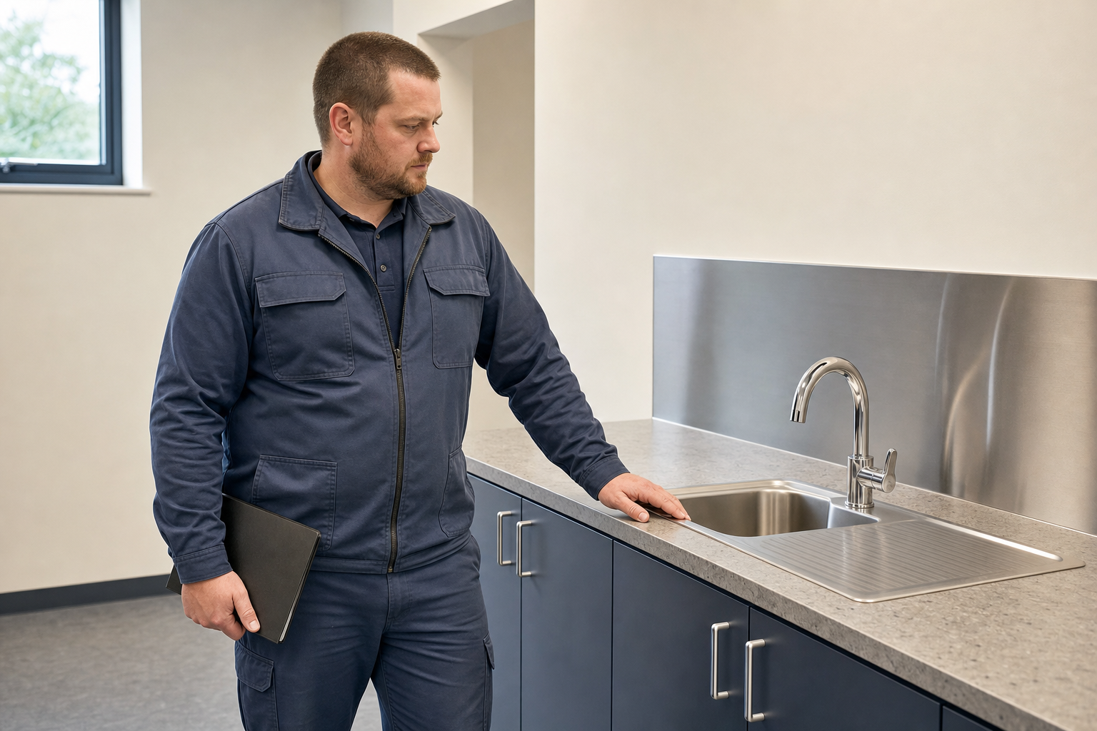 A man in a blue uniform inspects a stainless-steel sink counter in a modern kitchen setting.