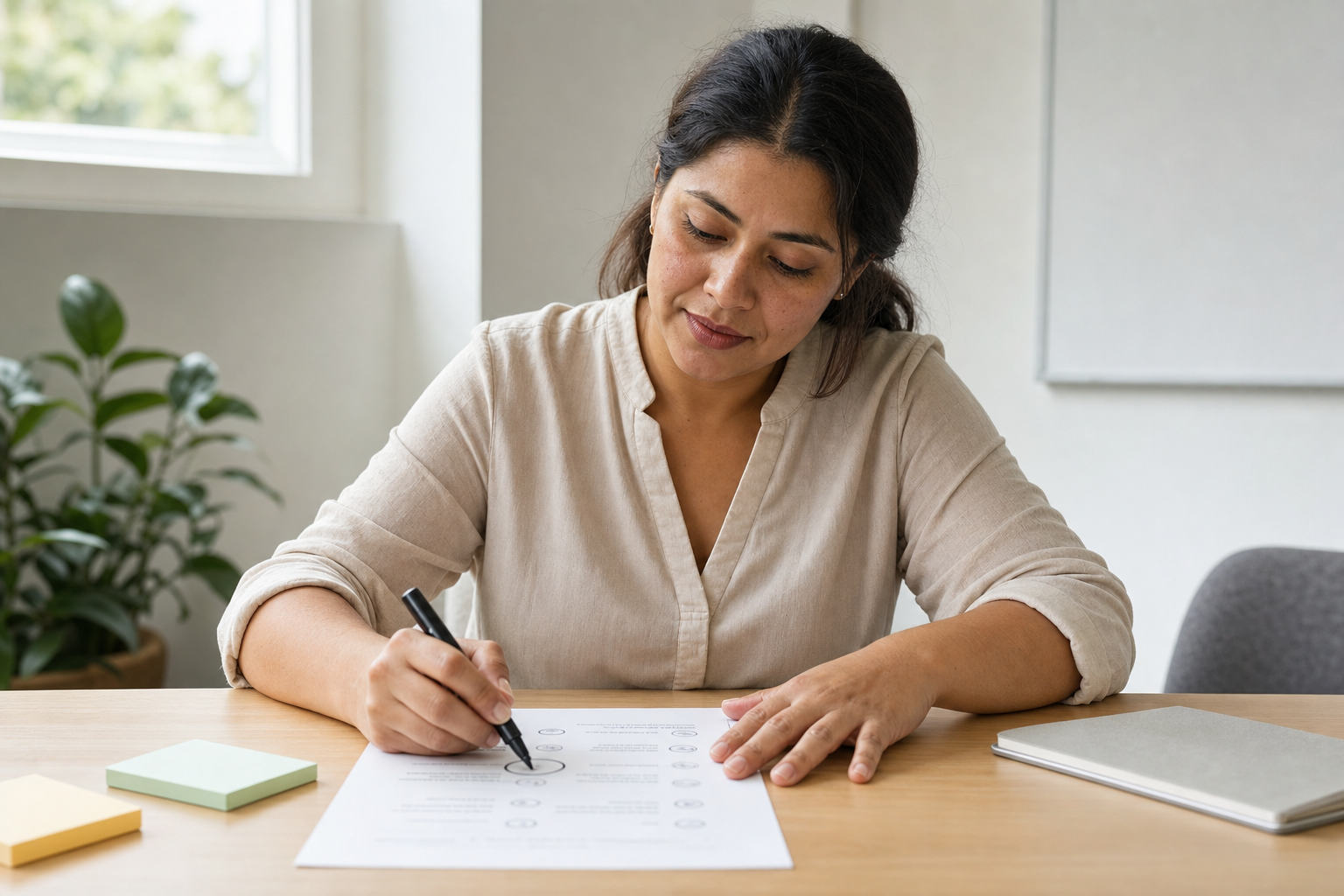 Woman in a beige blouse filling out a form on a wooden desk beside sticky notes and a closed laptop.