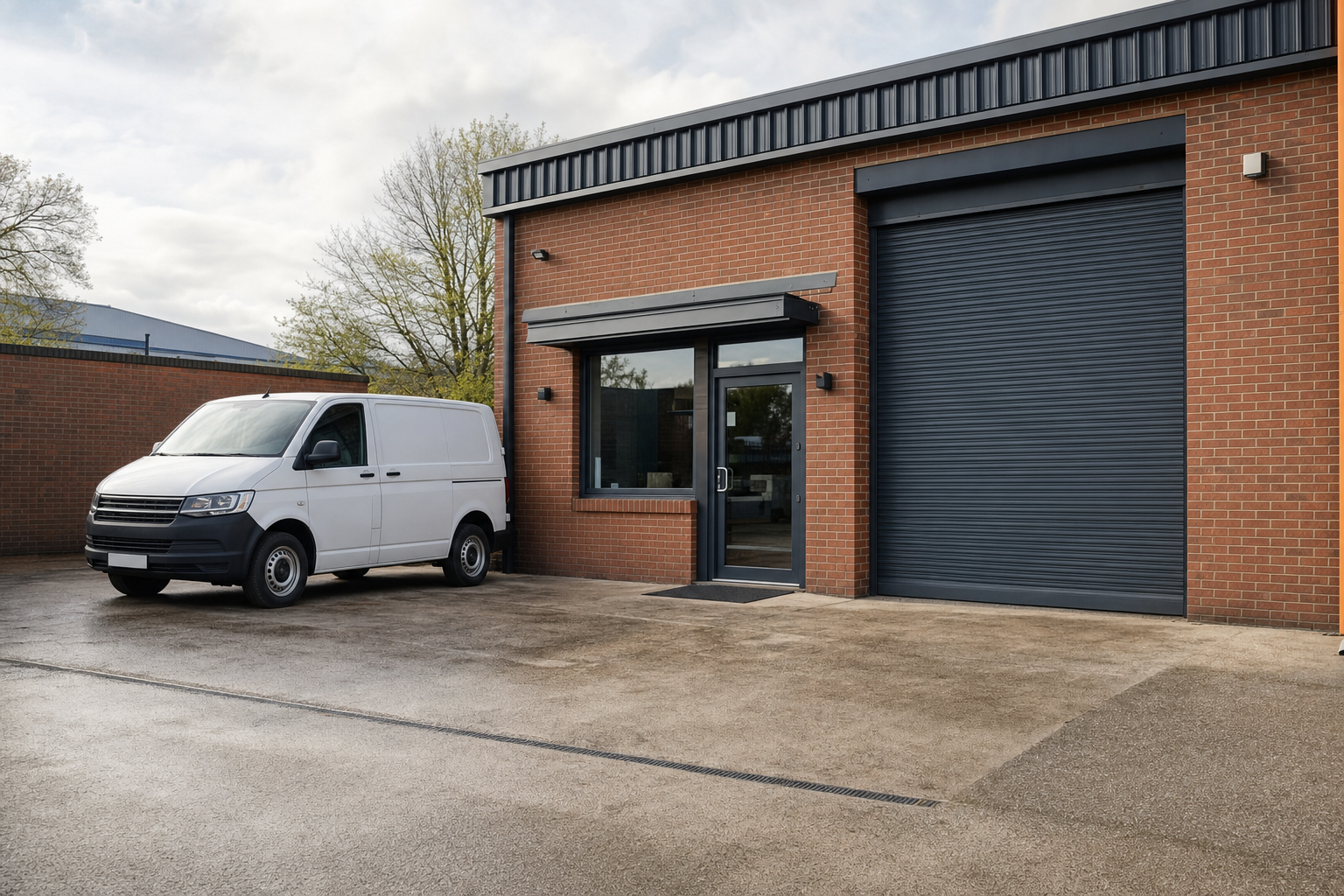 A white van parked outside a brick warehouse with a large roller door and glass entrance.