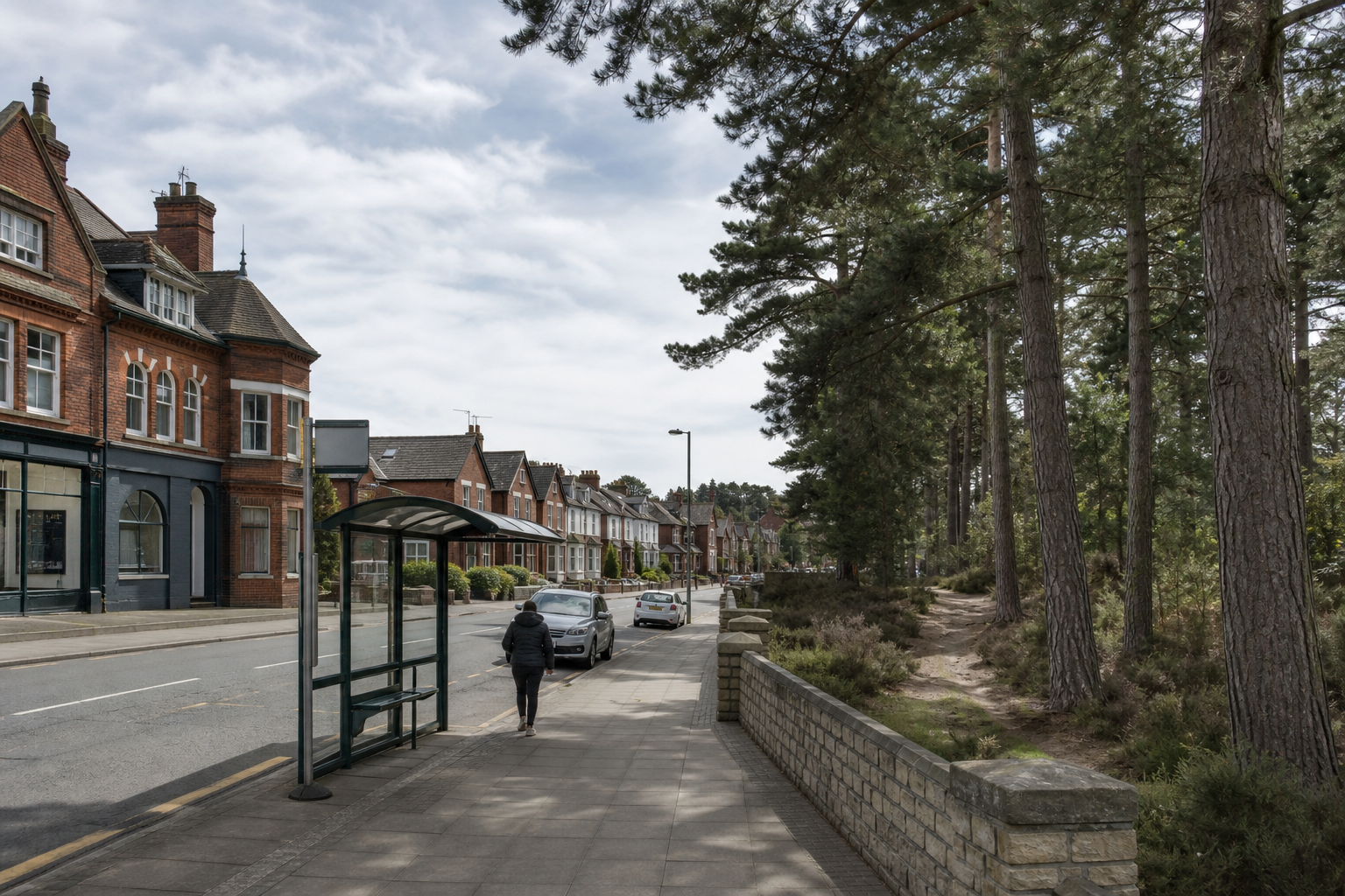 Street with a bus stop, red-brick buildings, and tall trees lining the sidewalk.