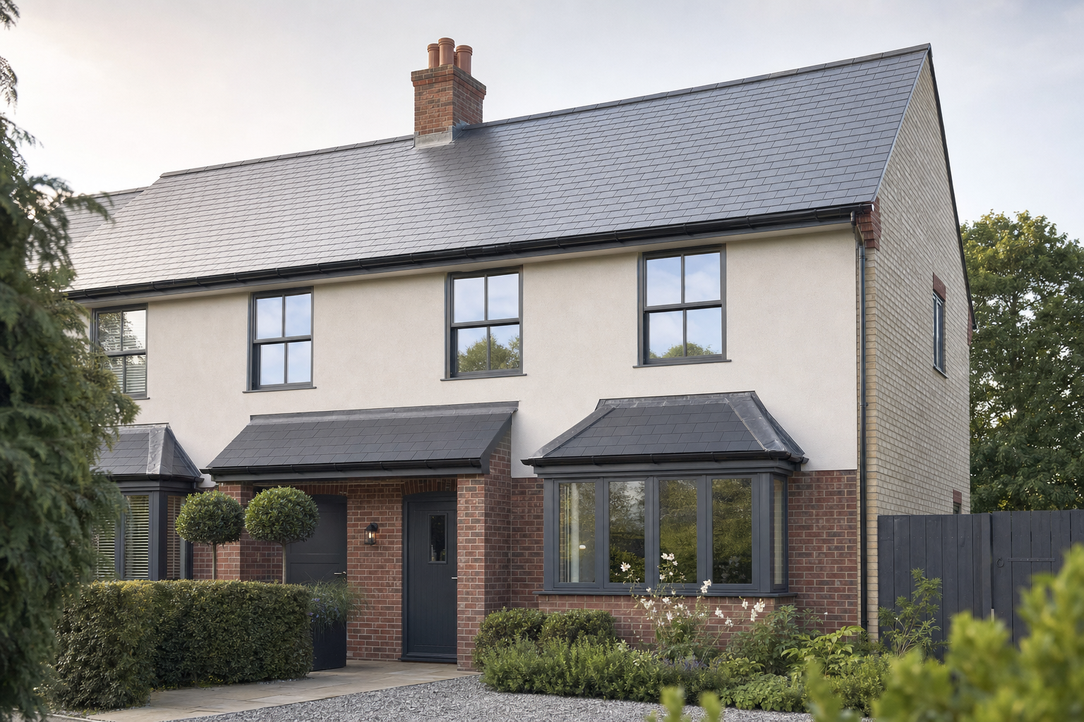 Two-storey semi-detached house with grey roof tiles, brickwork, and a well-maintained garden in front.