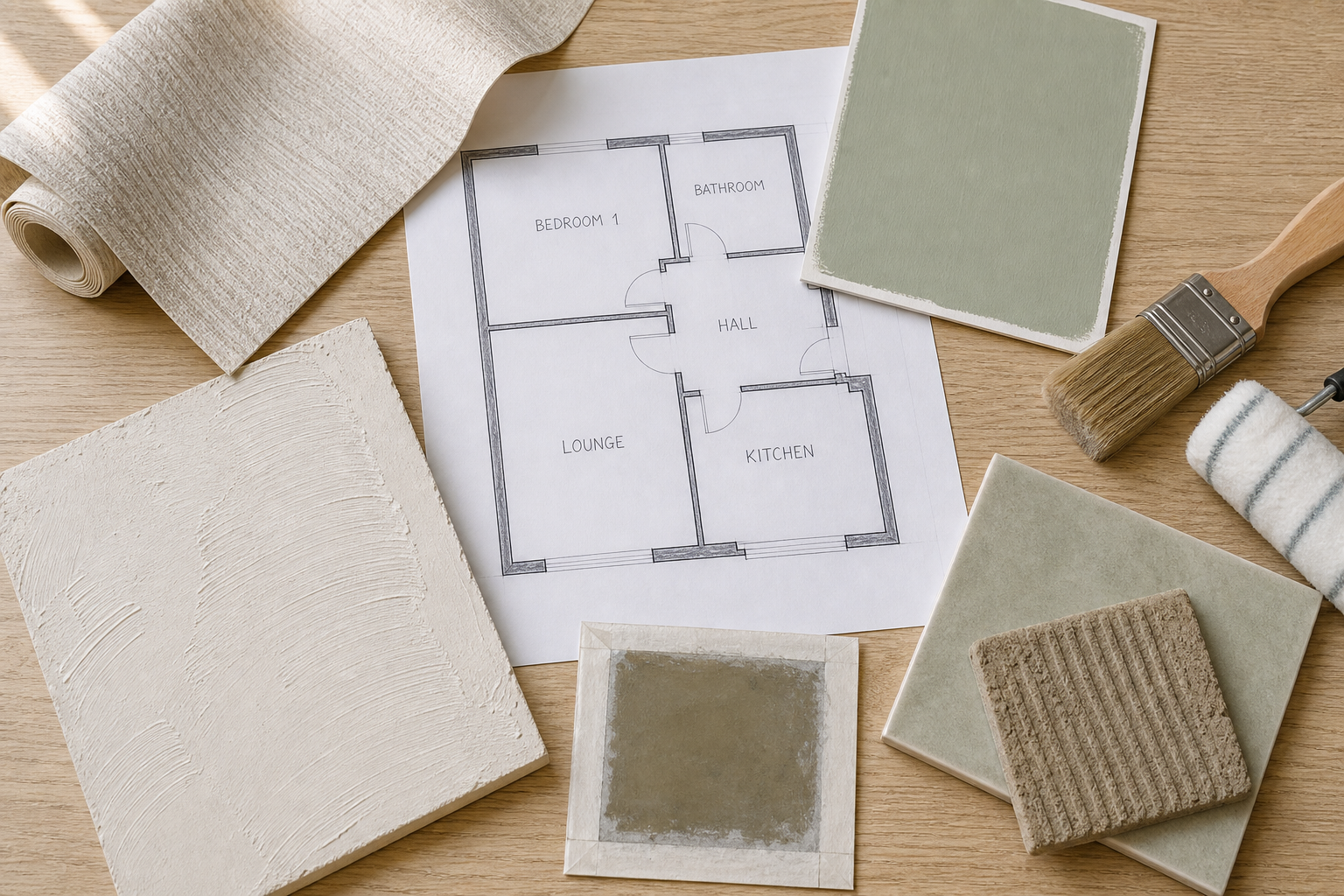 Interior design plan with floor layout, paintbrush, wallpaper, and various textured samples on a wooden surface.