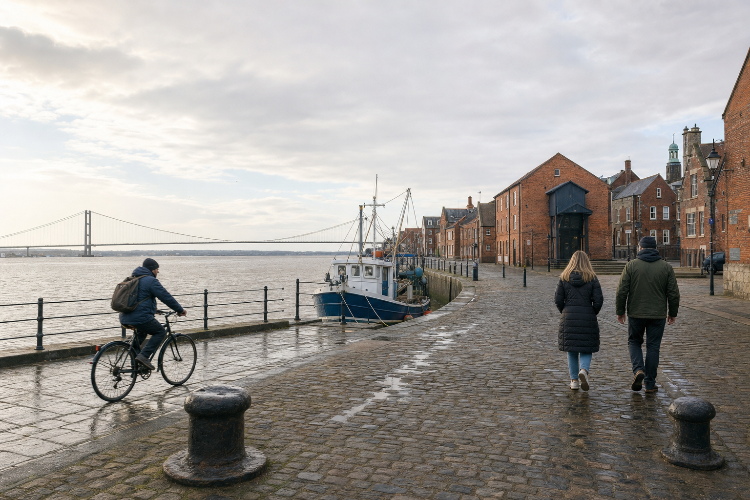 A cyclist rides along a riverfront path next to a docked fishing boat and two people walking, with a suspension bridge in the background.