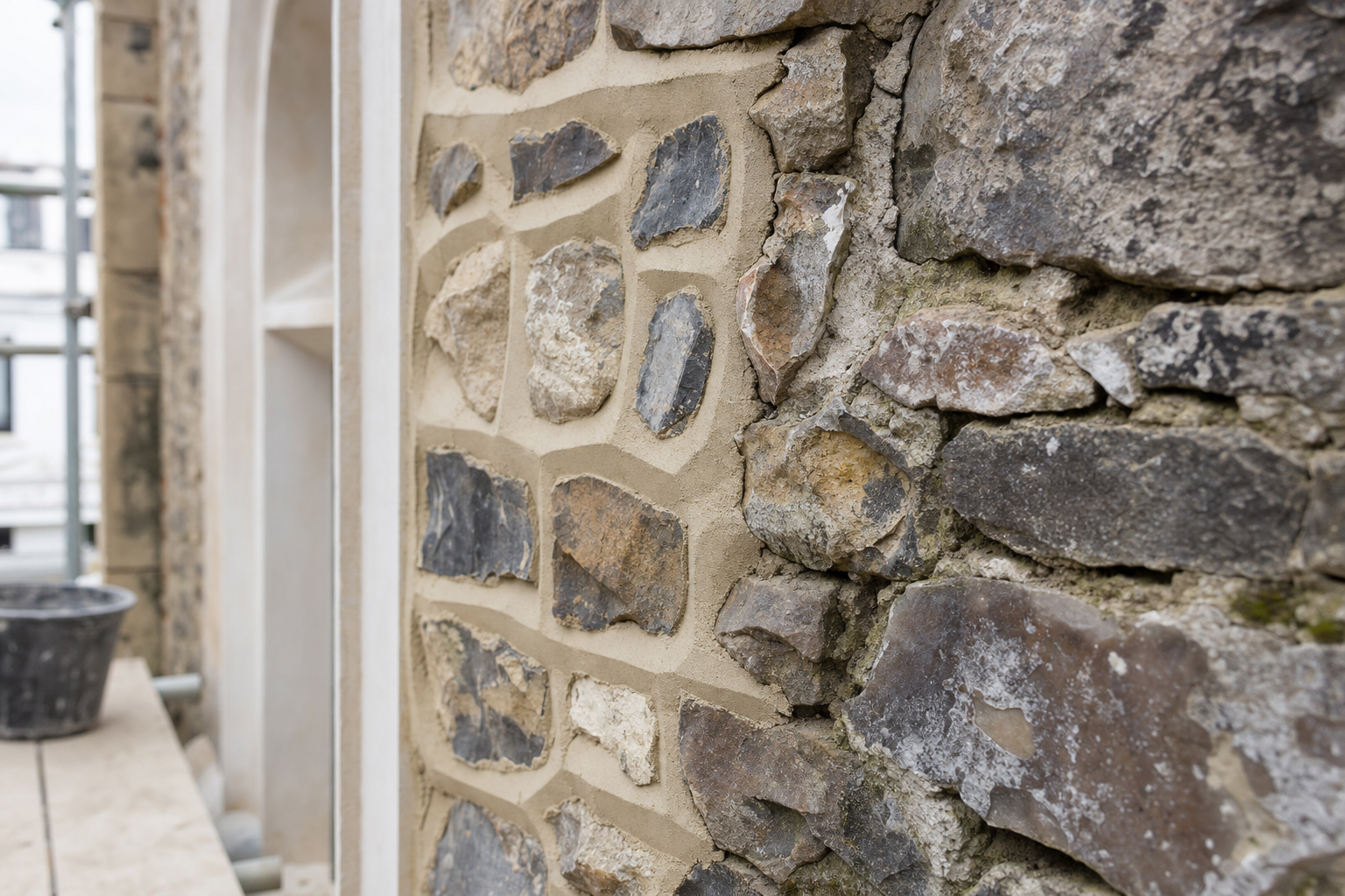 Close-up of a newly repaired stone wall with fresh mortar between the stones.