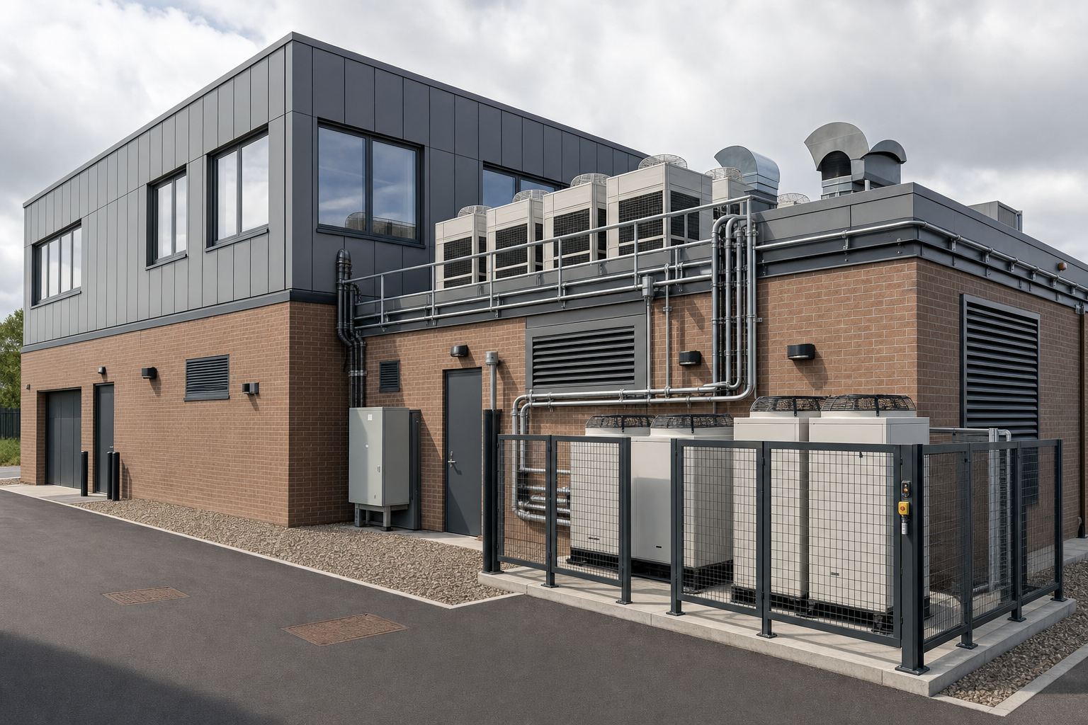 Modern industrial building with brick walls, grey cladding, and rooftop ventilation units under a cloudy sky.