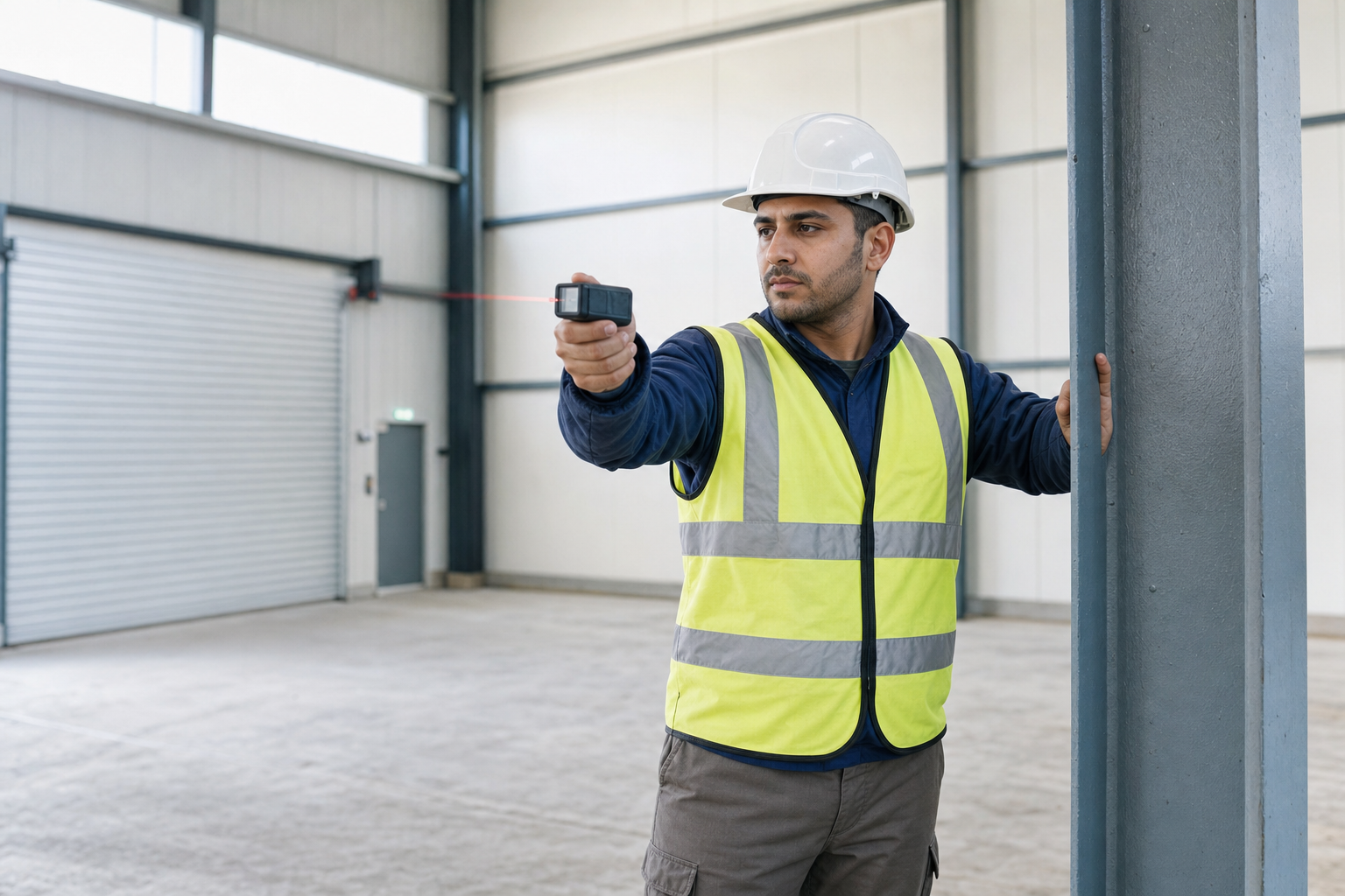 Construction worker in a high-visibility vest and hard hat using a laser measuring tool inside an industrial building.