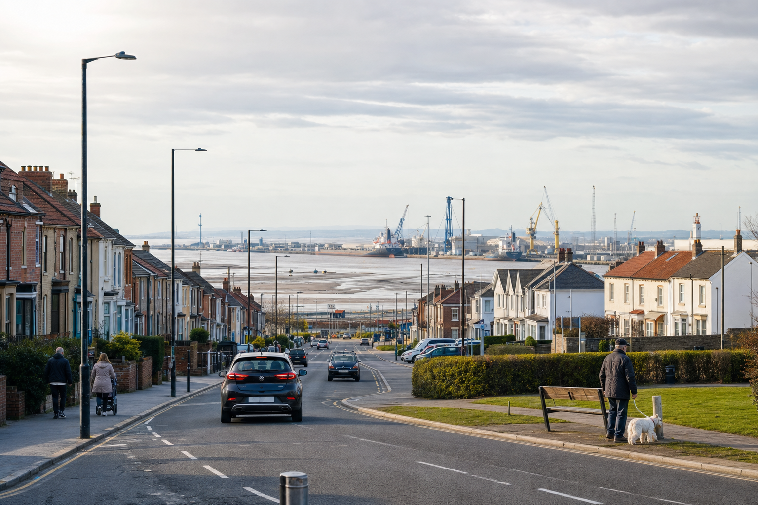 A suburban street lined with houses leads to a distant dockyard with cranes and cargo ships under a cloudy sky.