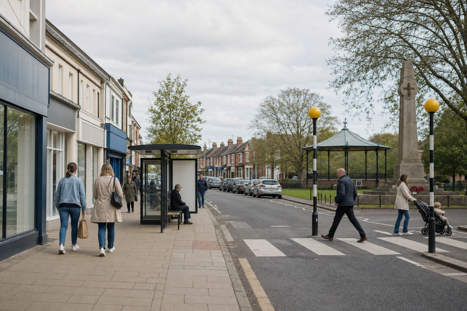 Pedestrians walking and waiting at a bus stop on a tree-lined street with a war memorial and bandstand in the background.