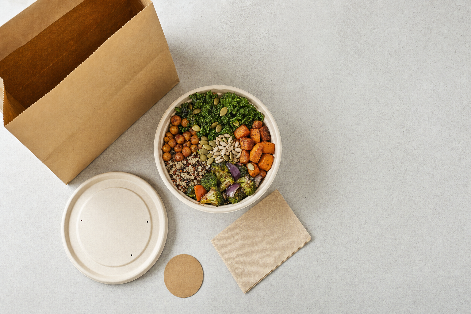 Takeaway salad bowl with roasted vegetables and seeds beside a paper bag and lid on a grey surface.