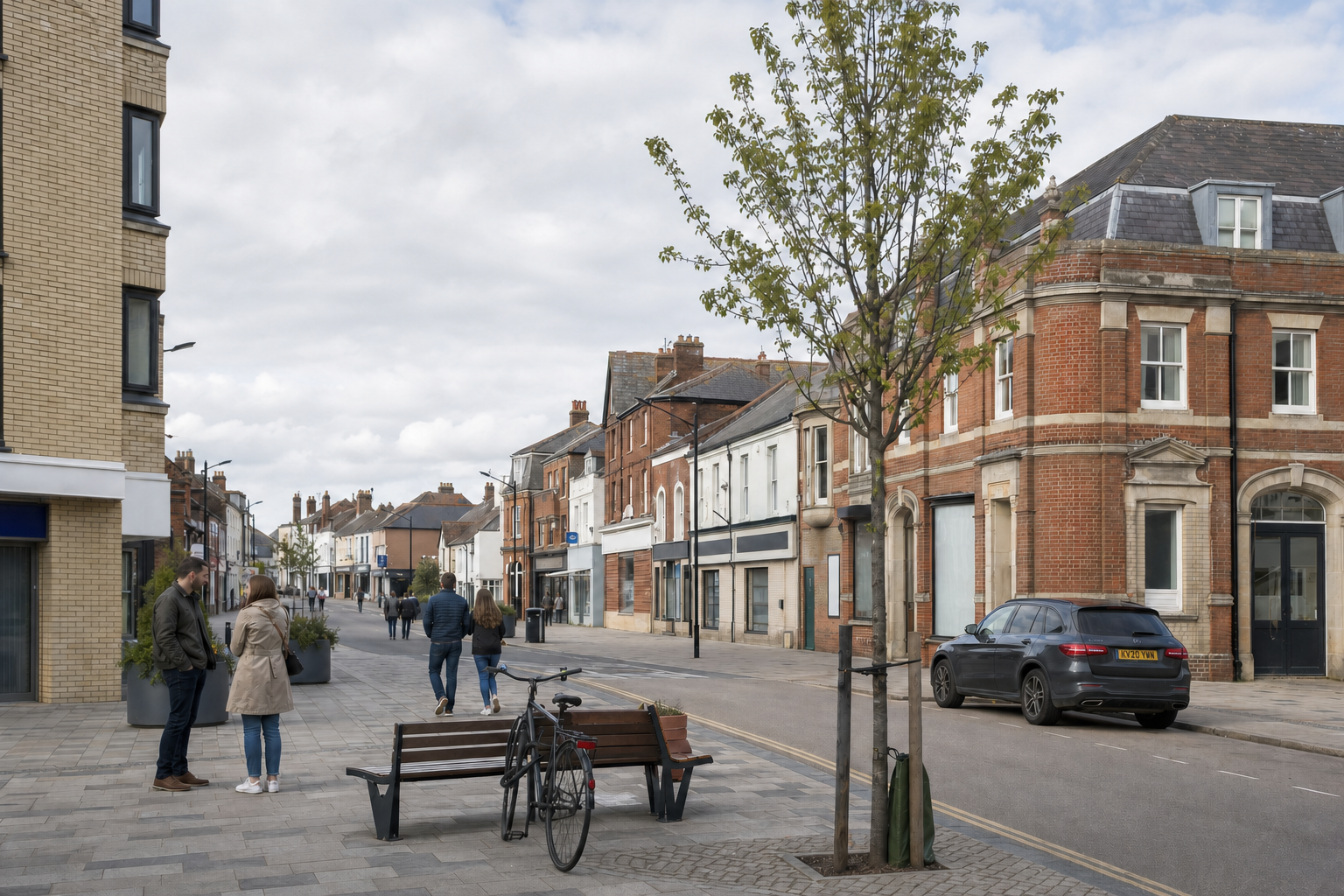 A quiet street scene with people walking and a parked car in front of red brick buildings.