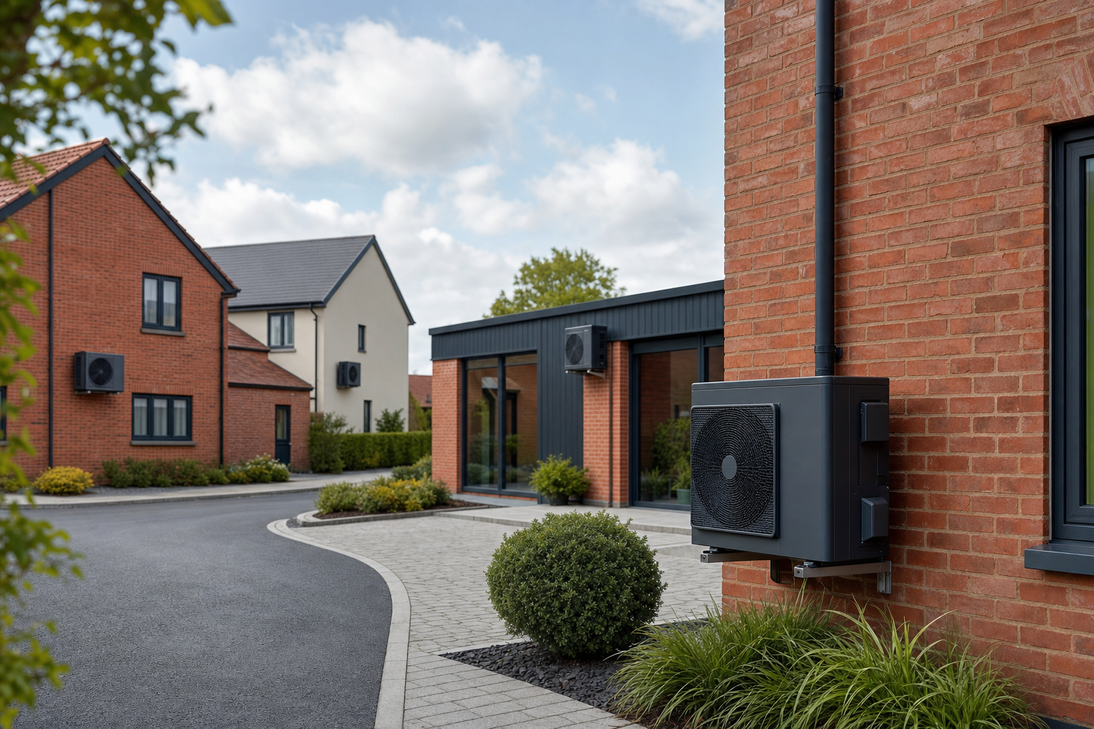 Modern houses with external heat pumps against a backdrop of a clear sky and green landscaping.