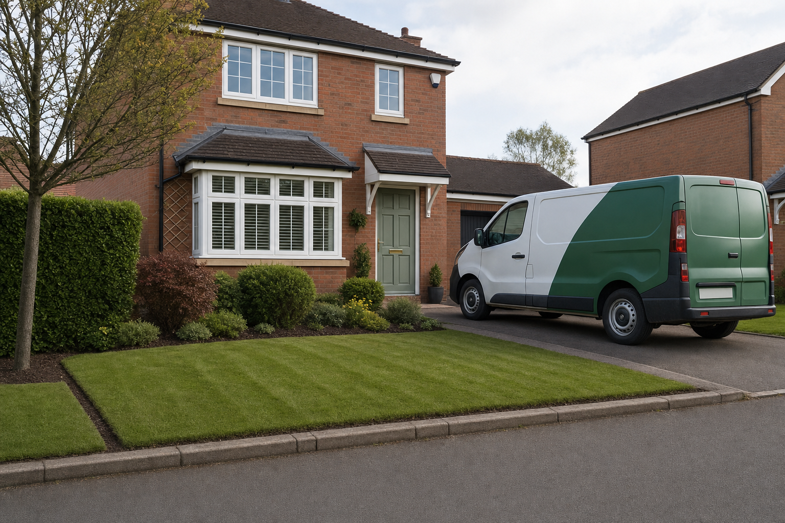 A white and green van is parked in the driveway of a red brick house with a neatly trimmed lawn.