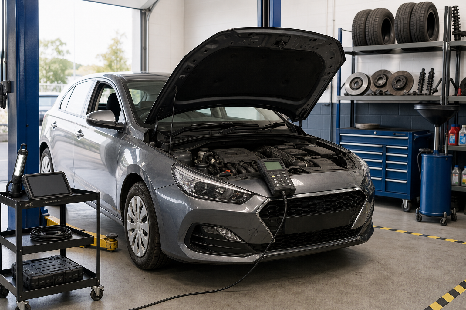 Car undergoing diagnostics in a garage with hood open and a tablet on a cart.