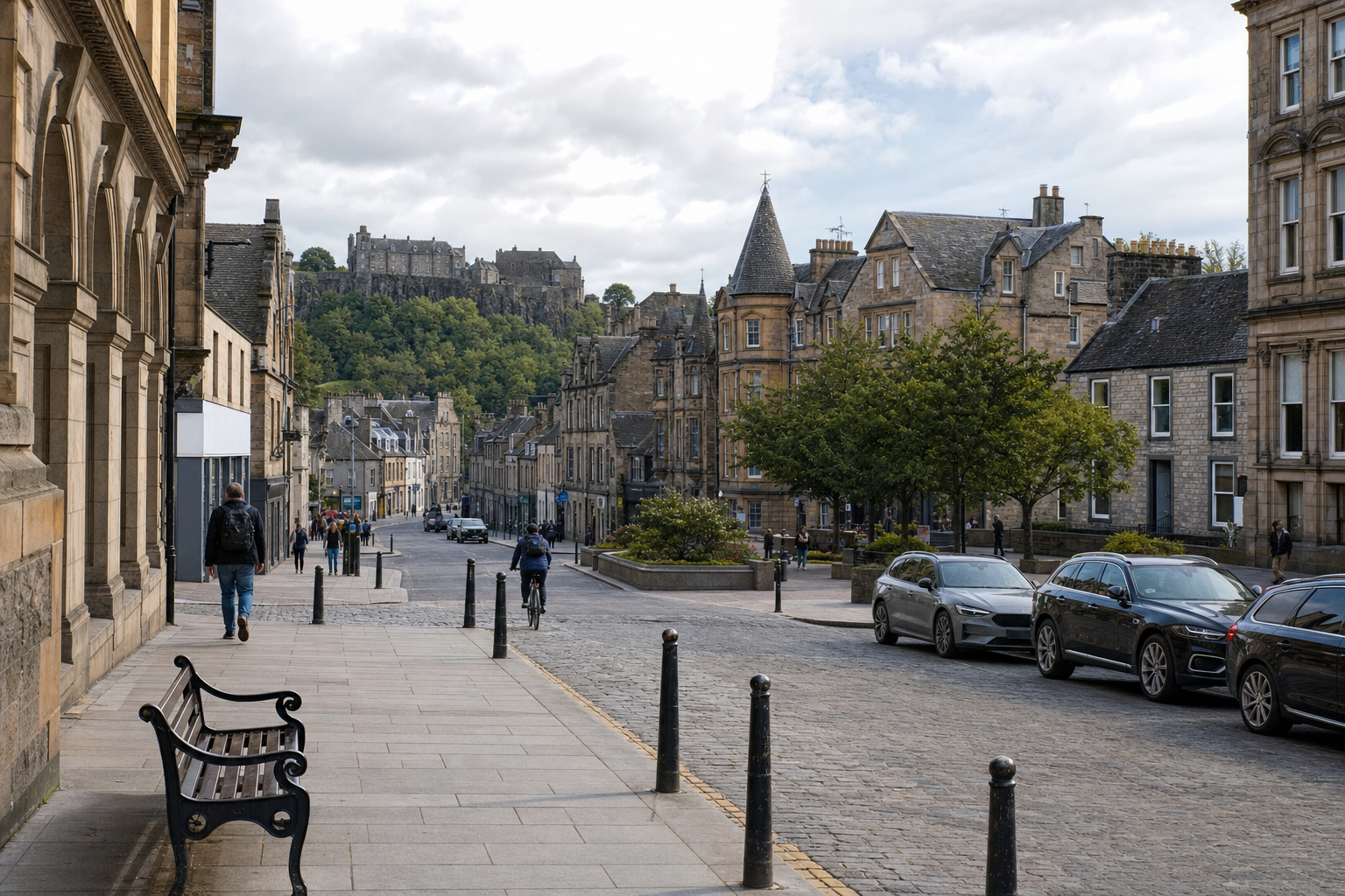 A historic street with stone buildings and parked cars leads to a distant castle on a hill under a cloudy sky.