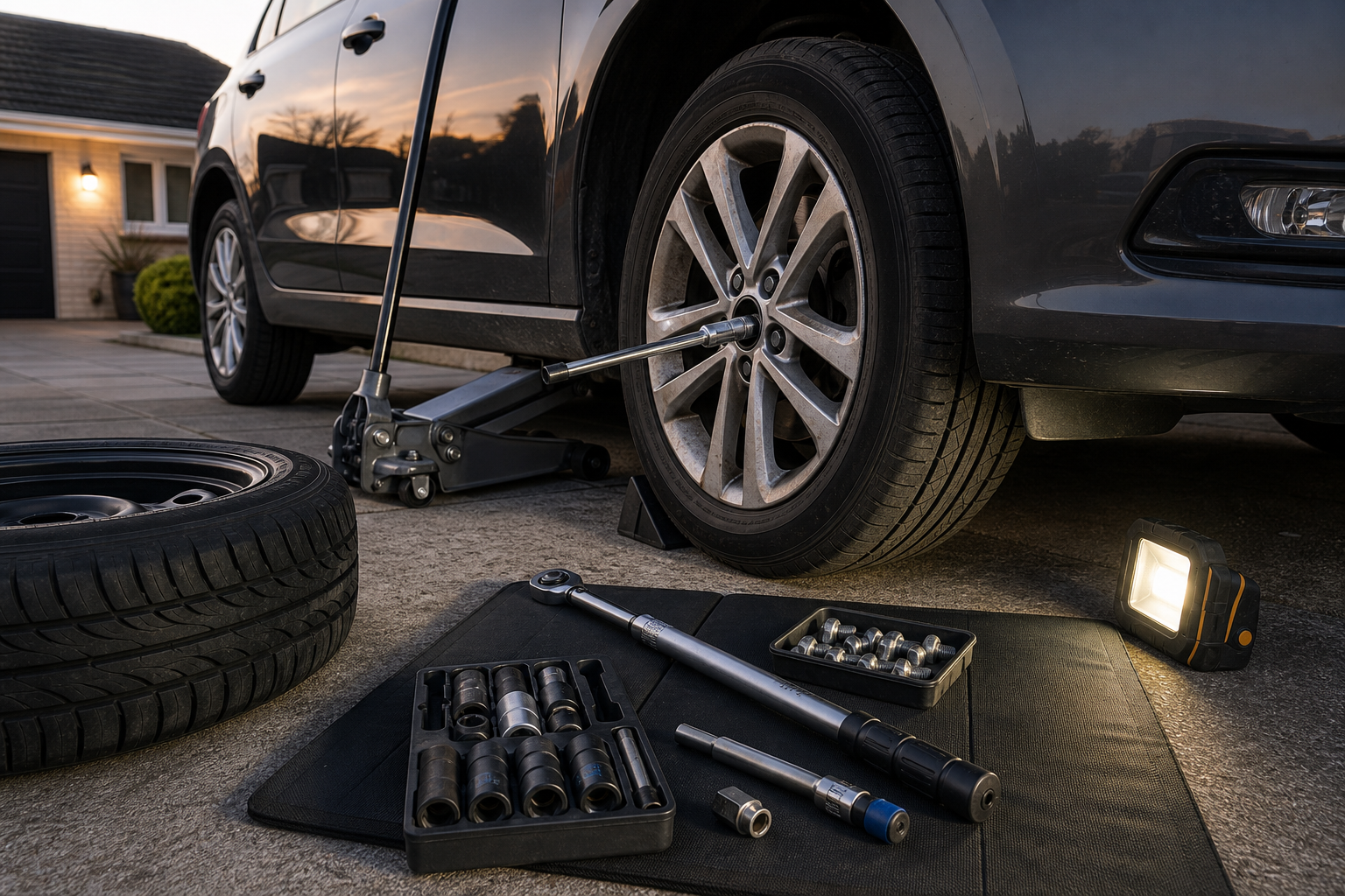Car tire change underway with tools, jack, and flashlight on driveway at dusk.