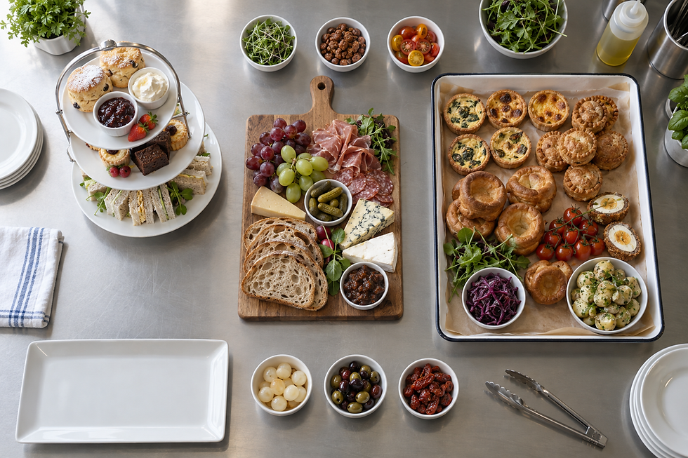 An assortment of traditional British afternoon tea items and savoury pastries displayed on a table.