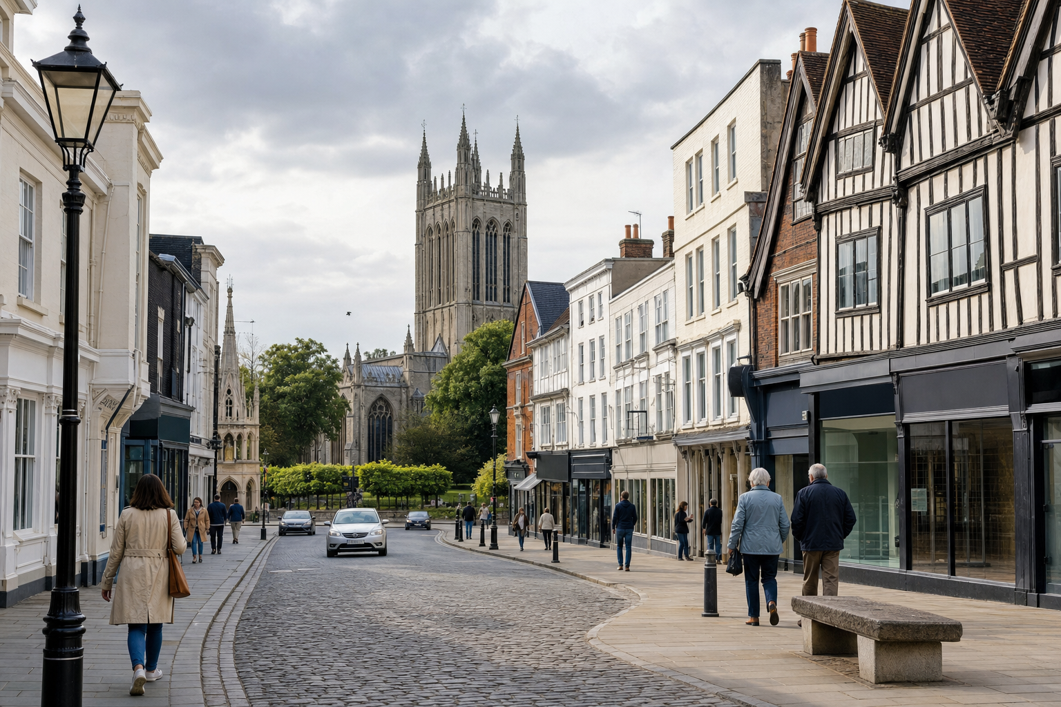 People walking along a cobblestone street lined with historic buildings, with a church tower in the background.
