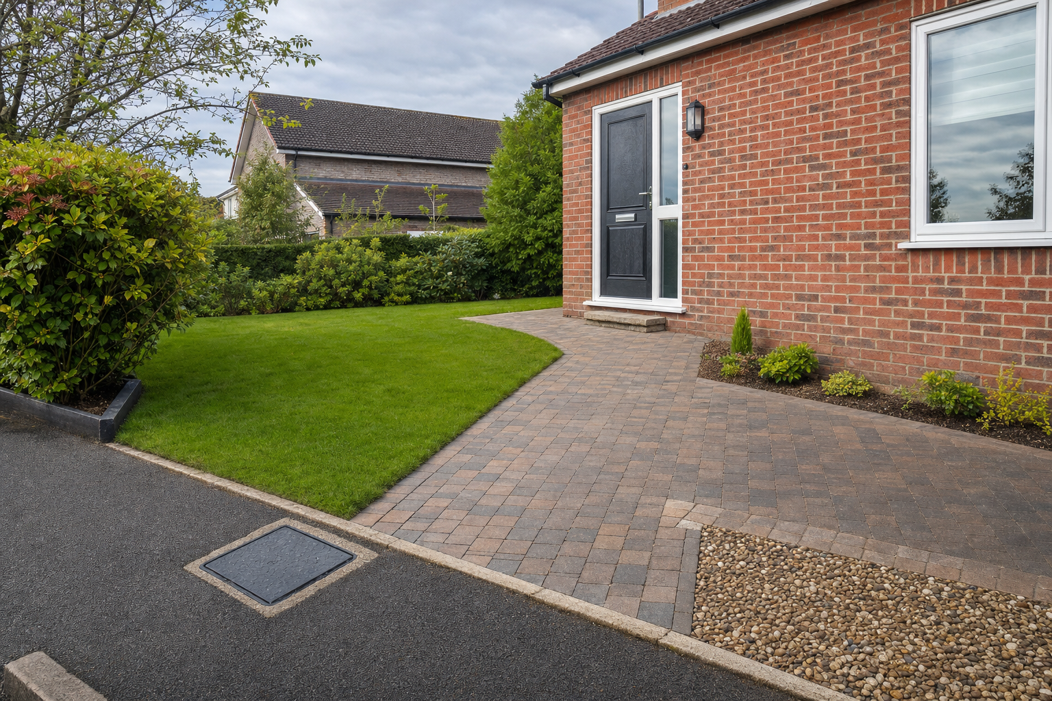 Brick house exterior with a paved path leading to a black front door, surrounded by a neatly maintained lawn and shrubs.
